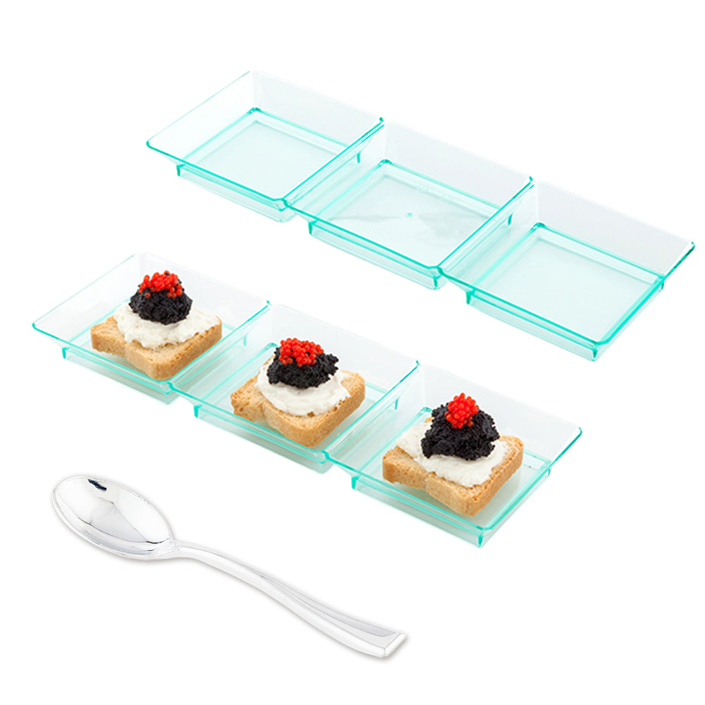 100 Rectangle Seagreen 7.5" Plastic Terzetto Mini Plates and 100 Silver Plastic 4" Mini Spoons