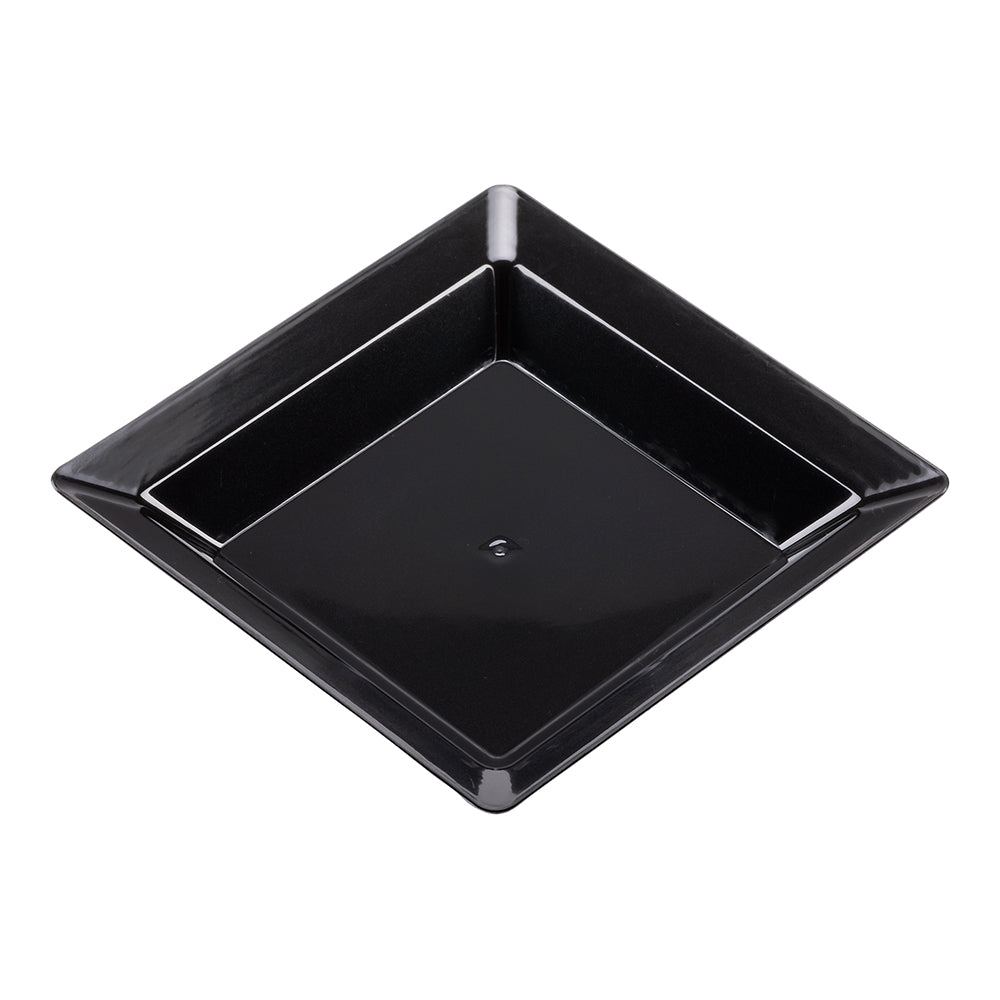 100 Square Black 4.25" Plastic Plates and 100 Silver Plastic 4" Mini Spoons