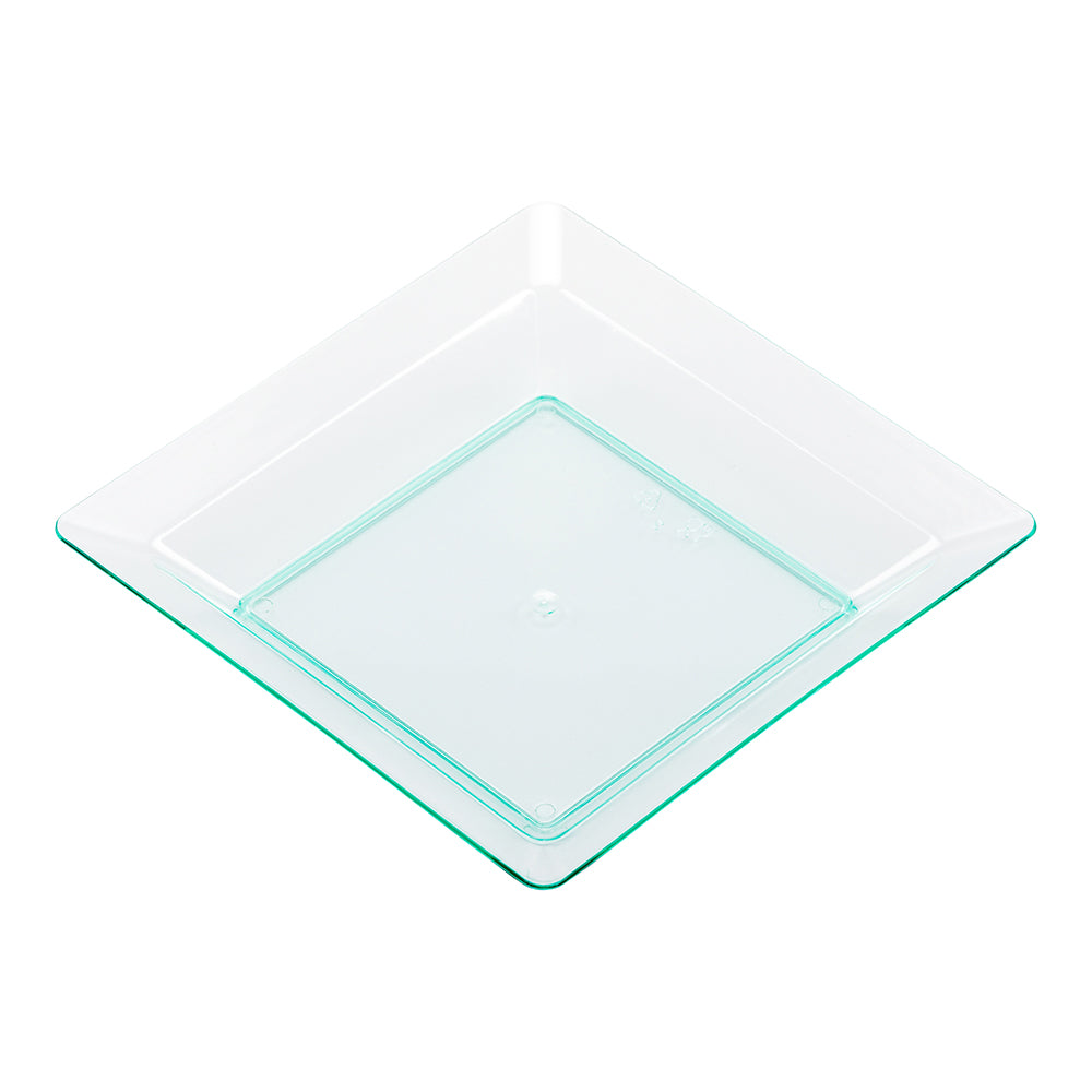 100 Square Seagreen 4.25" Plastic Plates and 100 Silver Plastic 4" Mini Spoons