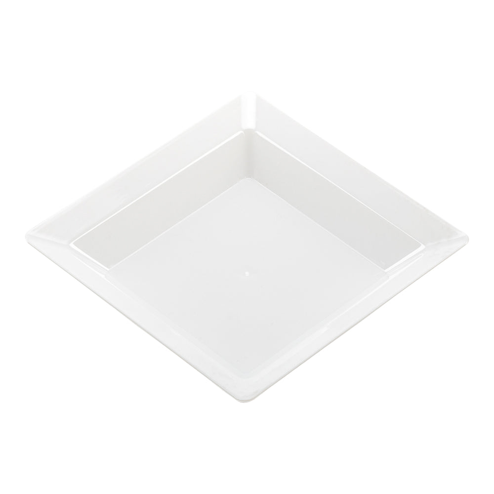 100 Square White 4.25" Plastic Plates and 100 Silver Plastic 4" Mini Spoons