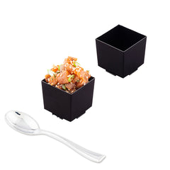 100 3 oz Square Black Plastic Quadrato Cups and 100 Silver Plastic 4