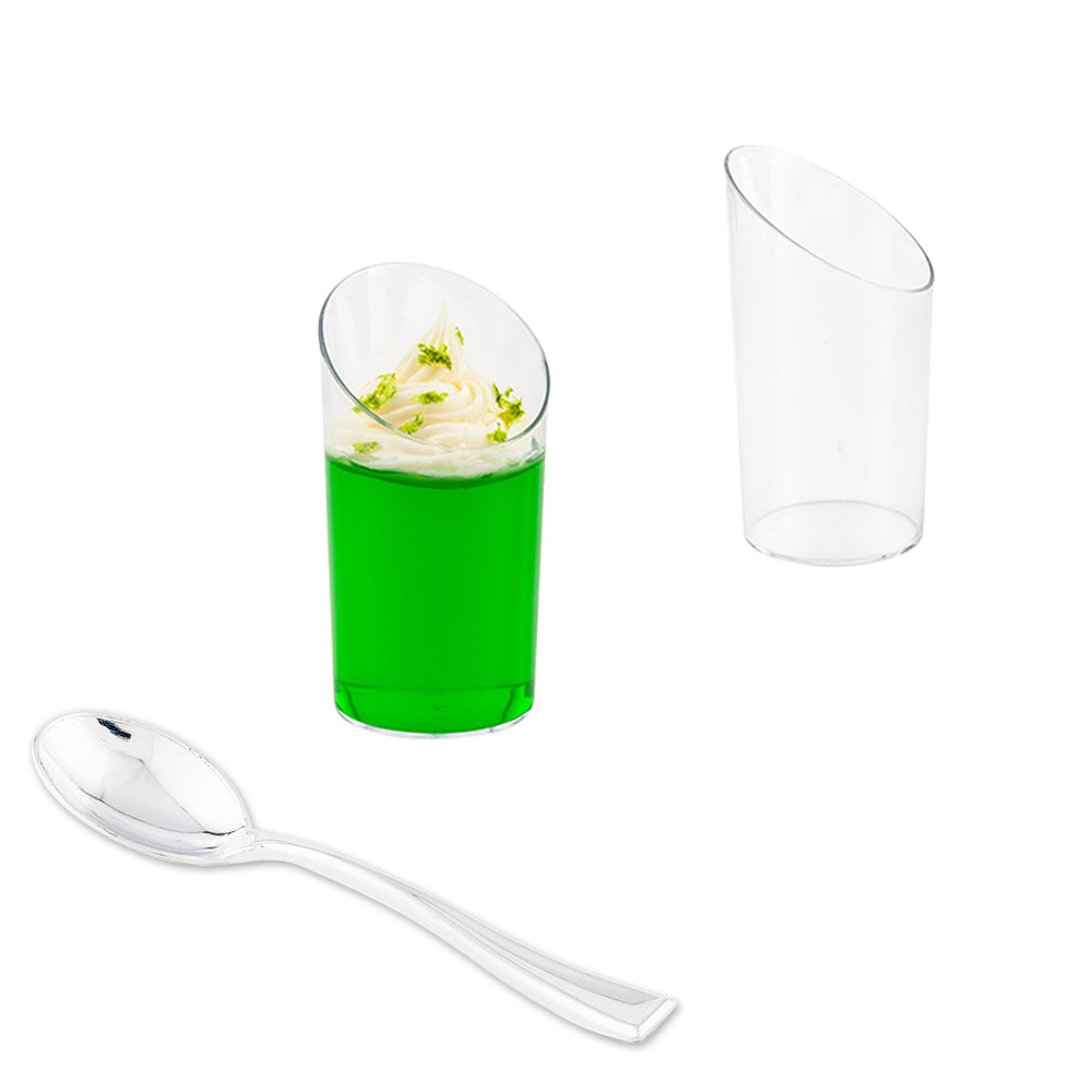 Bundle: 100 3 oz Round Clear Plastic Incline Shot Glass with 100 Silver Plastic 4" Mini Spoons