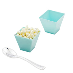 Bundle: 100 2 oz Square Baby Blue Plastic Mini Kova Cups with 100 Silver Plastic 4