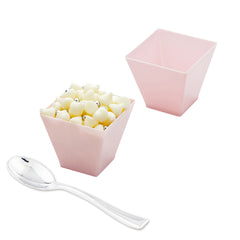 Bundle: 100 2 oz Square Powder Pink Plastic Mini Kova Cups with 100 Silver Plastic 4