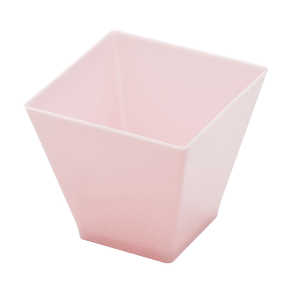 Bundle: 100 2 oz Square Powder Pink Plastic Mini Kova Cups with 100 Silver Plastic 4" Mini Spoons