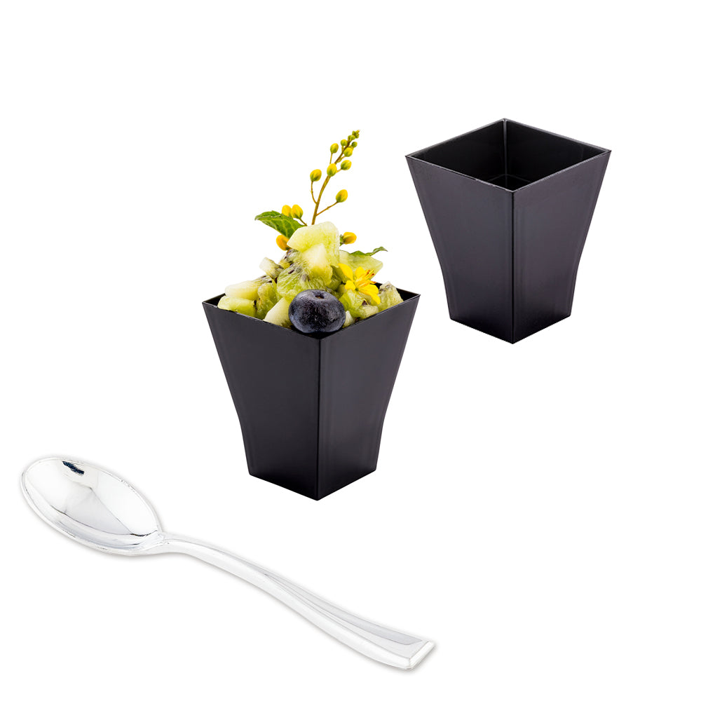 Bundle: 100 2 oz Square Black Plastic Bonito Cups with 100 Silver Plastic 4" Mini Spoons