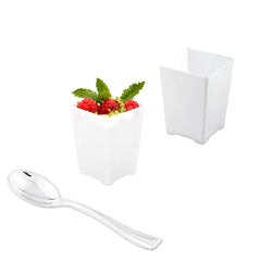 100 4 oz Square White Plastic Tall Quadrato Cups and 100 Silver Plastic 4