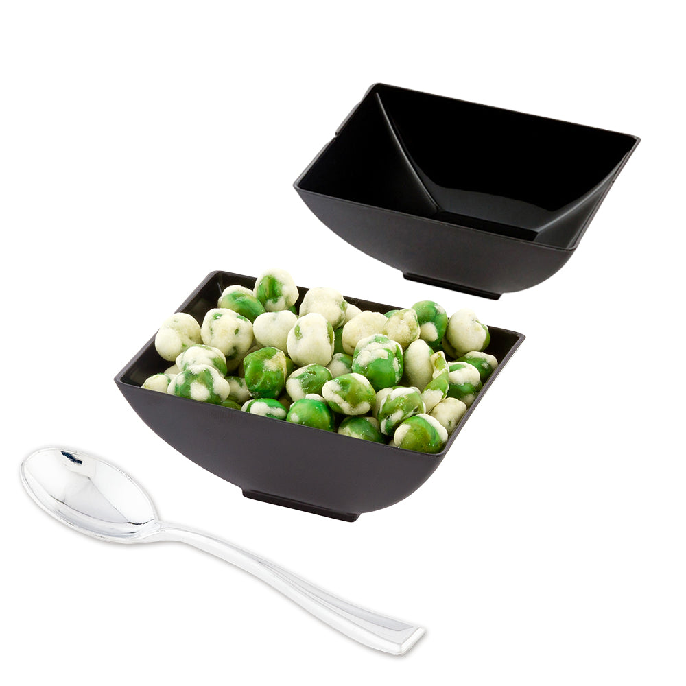 100 3 oz Rectangle Black Plastic Small Architetto Bowls and 100 Silver Plastic 4" Mini Spoons