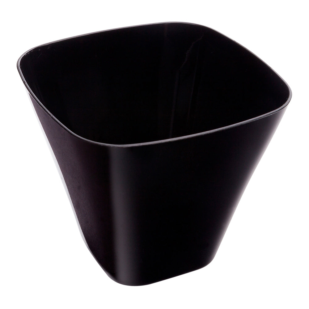 100 4 oz Square Black Plastic Bellissima Tasting Cups and 100 Silver Plastic 4" Mini Spoons