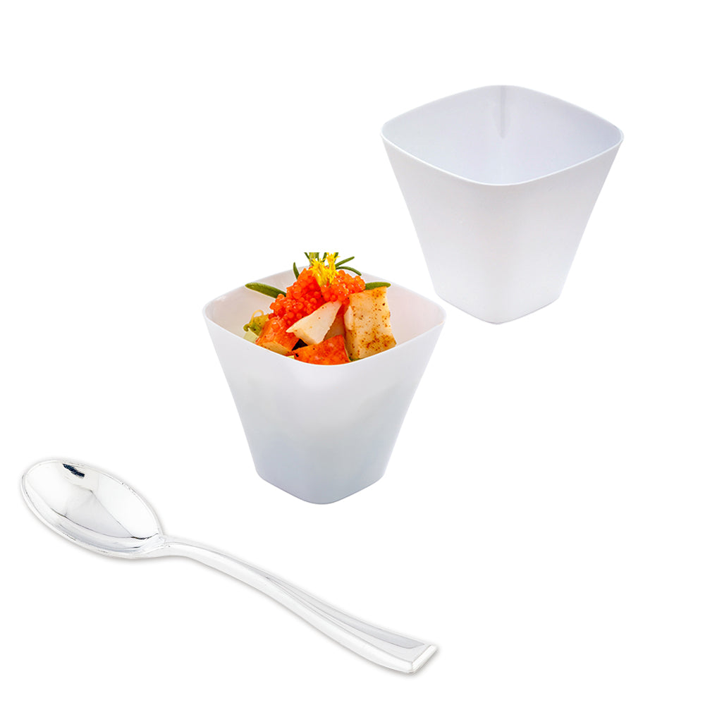 100 4 oz Square White Plastic Bellissima Tasting Cups and 100 Silver Plastic 4" Mini Spoons