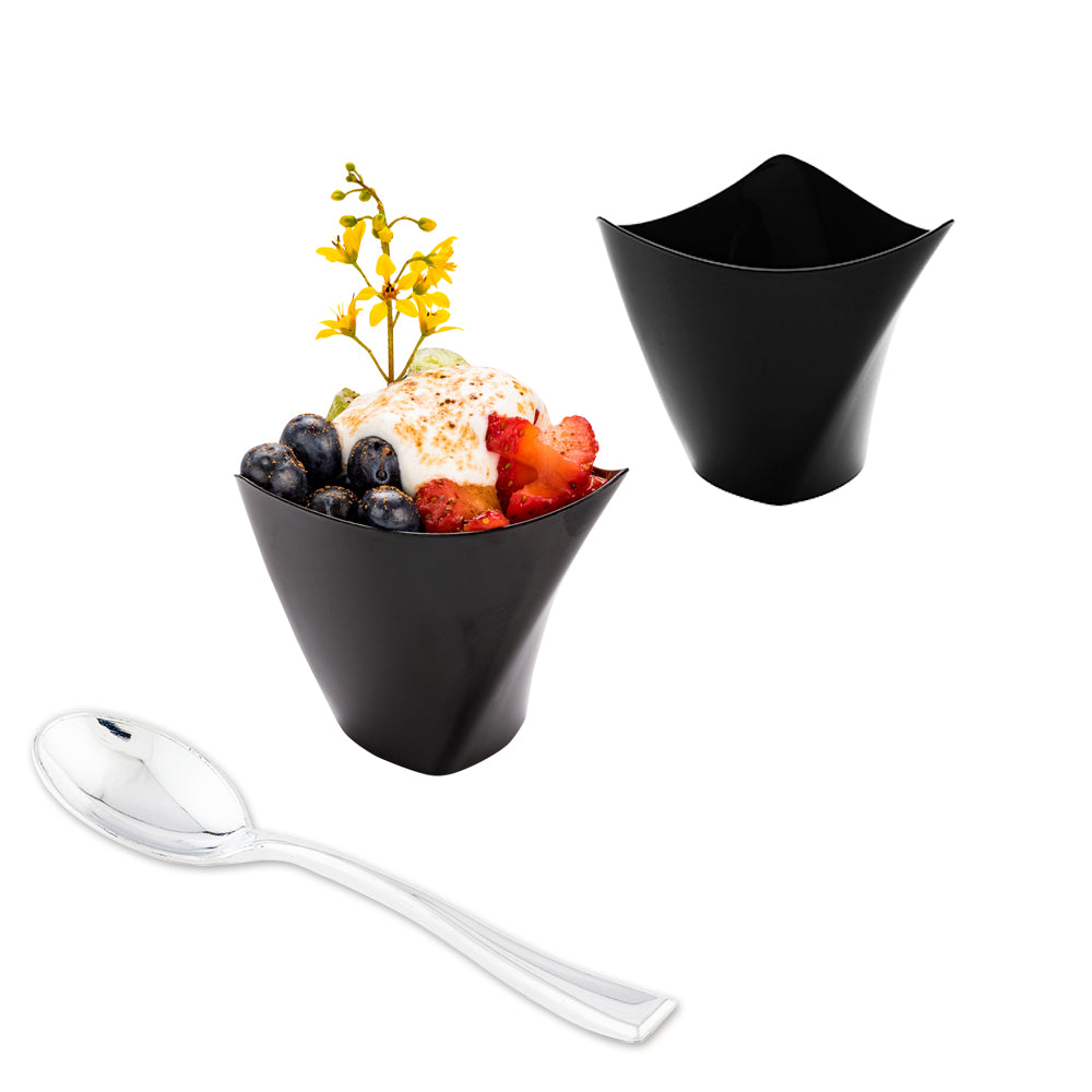 100 4 oz Black Plastic Mini Crescendo Cups and 100 Silver Plastic 4" Mini Spoons