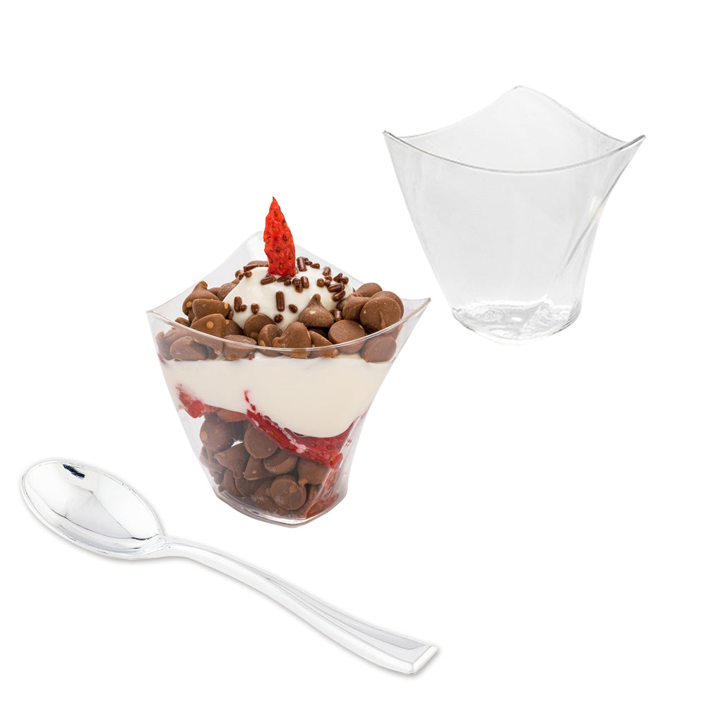 100 4 oz Clear Plastic Mini Crescendo Cups and 100 Silver Plastic 4" Mini Spoons