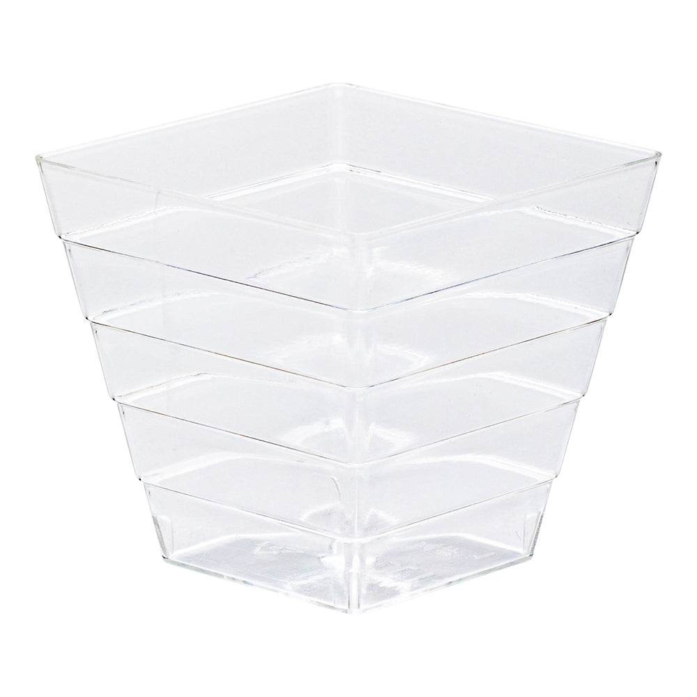 100 2 oz Square Clear Plastic Mini Apogee Kova Cups and 100 Silver Plastic 4" Mini Spoons