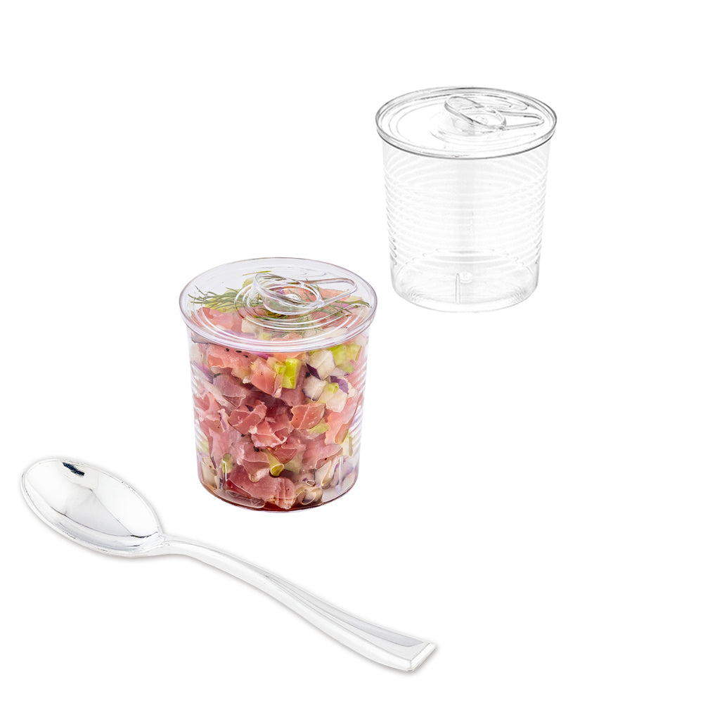 100 4 oz Round Clear Plastic Tin Cans and 100 Silver Plastic 4" Mini Spoons