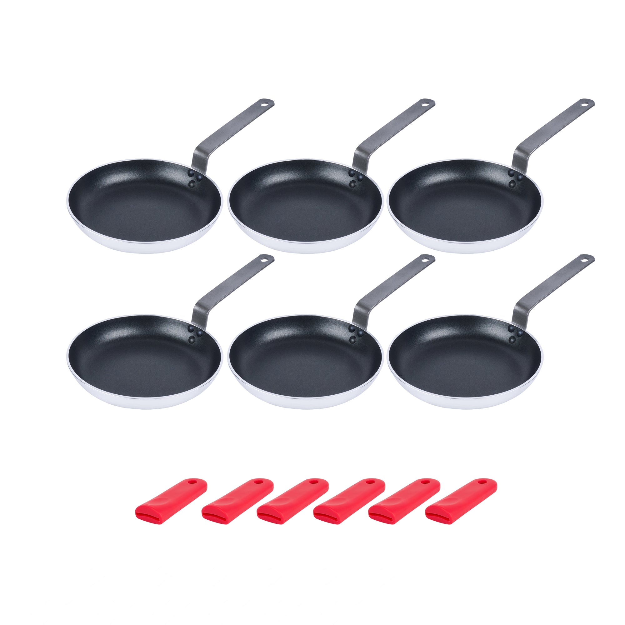 Met Lux 6 Aluminum 9" Induction Ready Fry Pans and 6 Red Silicone Pan Handle Sleeves