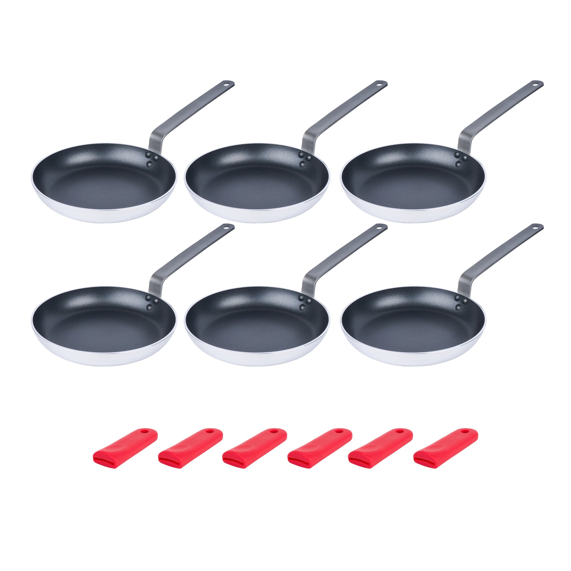 Met Lux 6 Aluminum 10" Induction Ready Fry Pans and 6 Red Silicone Pan Handle Sleeves