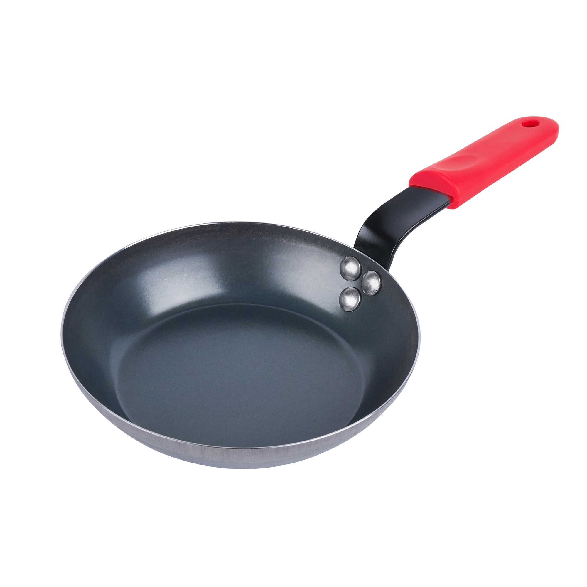 Met Lux 6 Black Carbon Steel 8" Pre-Seasoned Fry Pans and 6 Red Silicone Pan Handle Sleeves