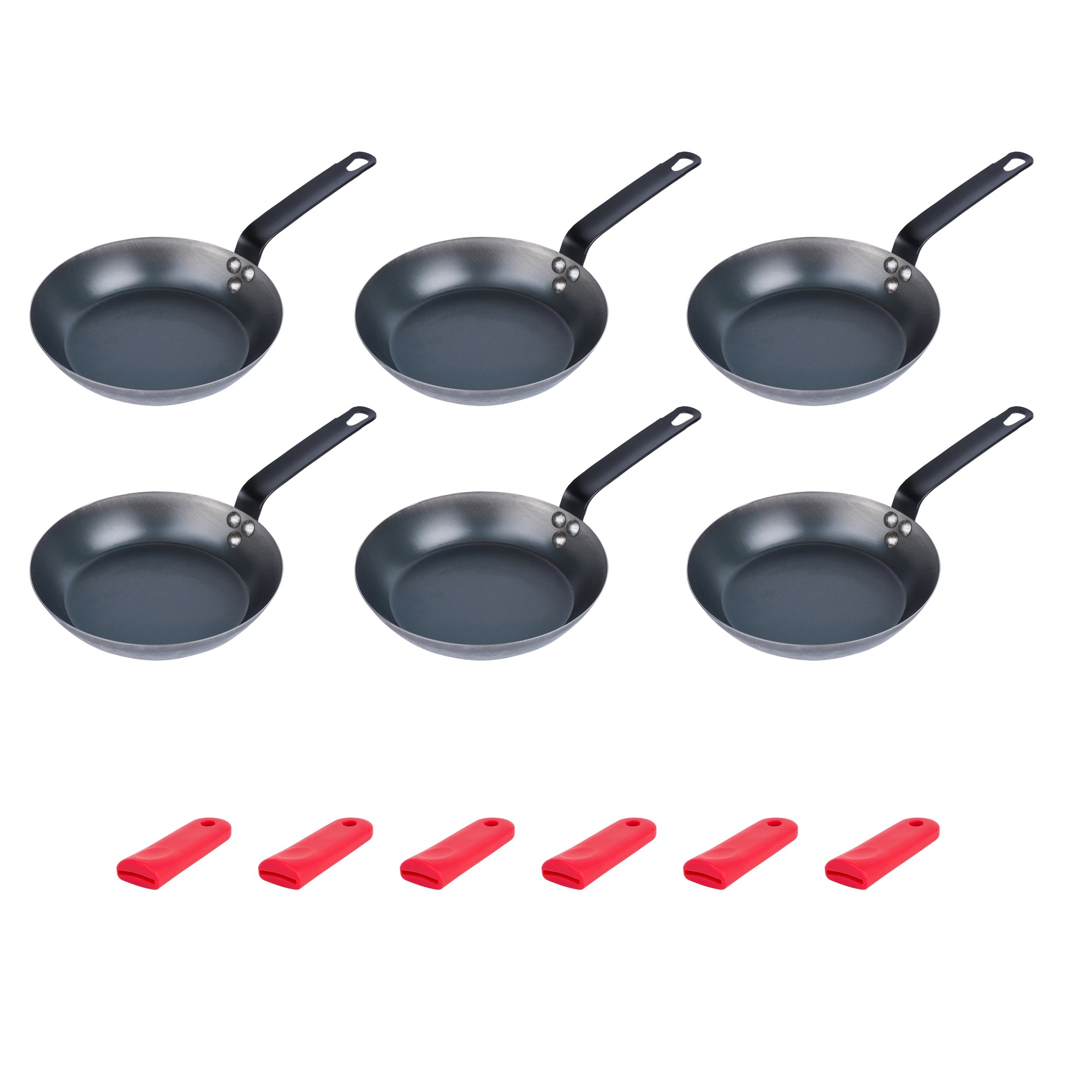 Met Lux 6 Black Carbon Steel 9" Pre-Seasoned Fry Pans and 6 Red Silicone Pan Handle Sleeves