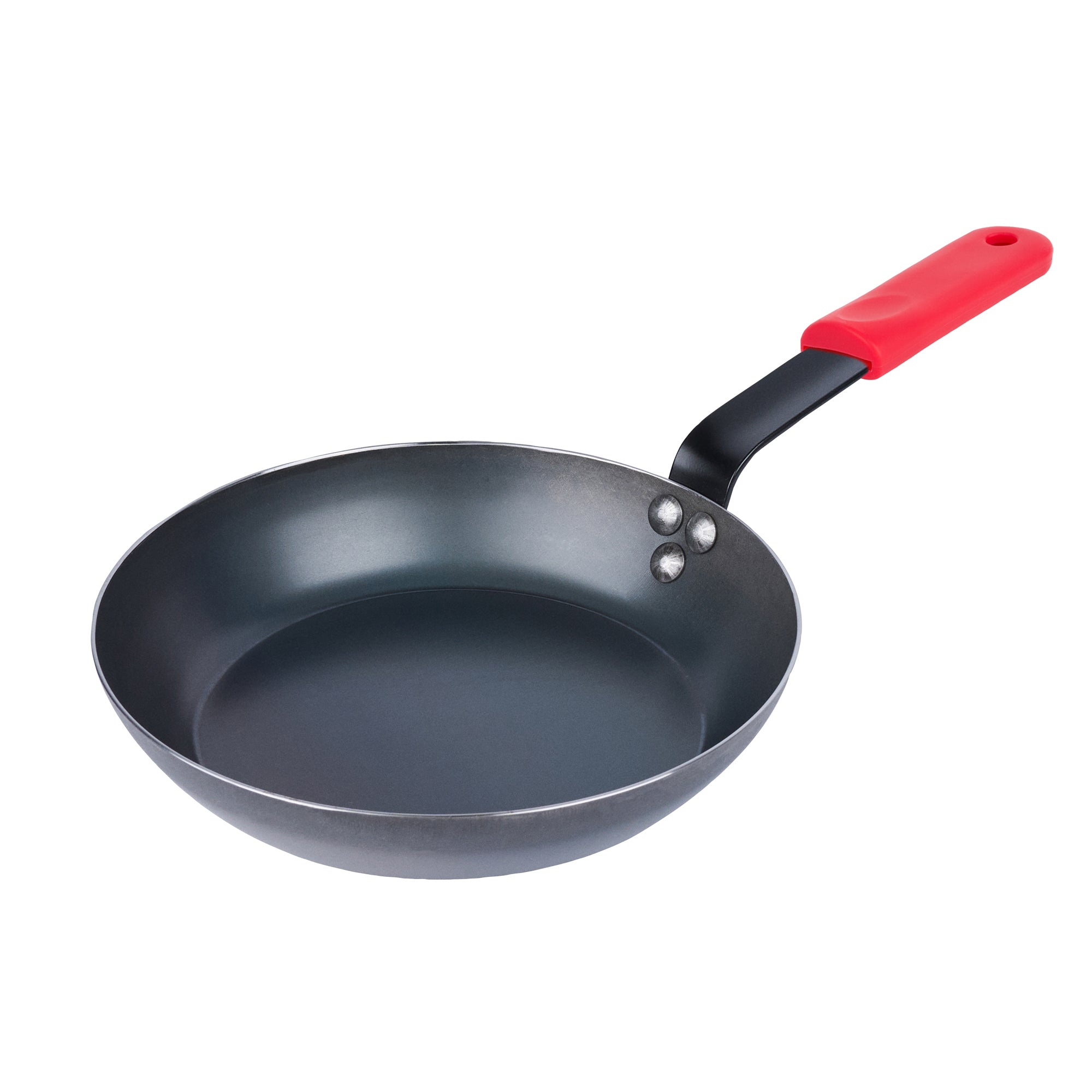 Met Lux 1 Black Carbon Steel 9 1/2" Pre-Seasoned Fry Pan and 1 Red Silicone Pan Handle Sleeve