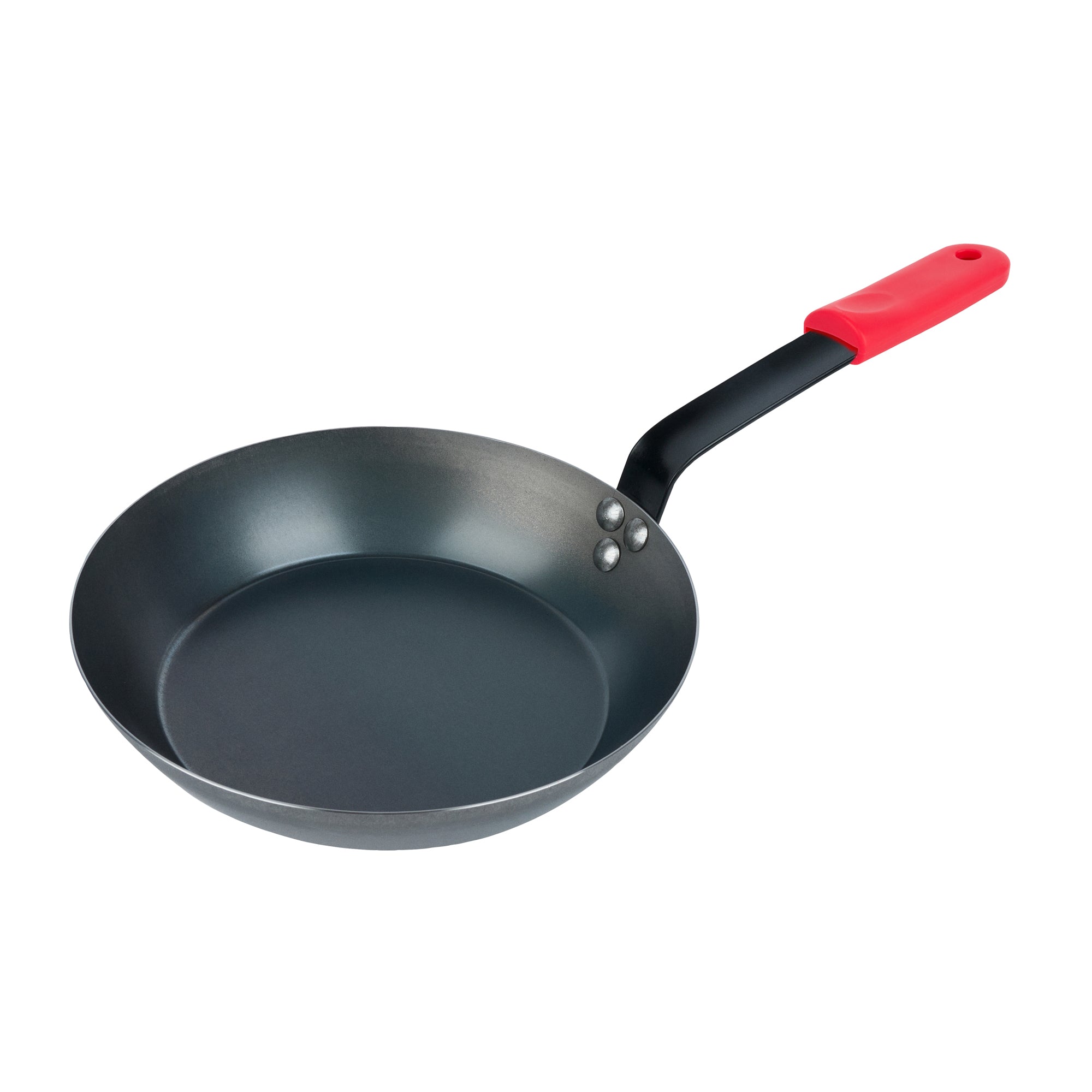 Met Lux 6 Black Carbon Steel 10" Pre-Seasoned Fry Pans and 6 Red Silicone Pan Handle Sleeves