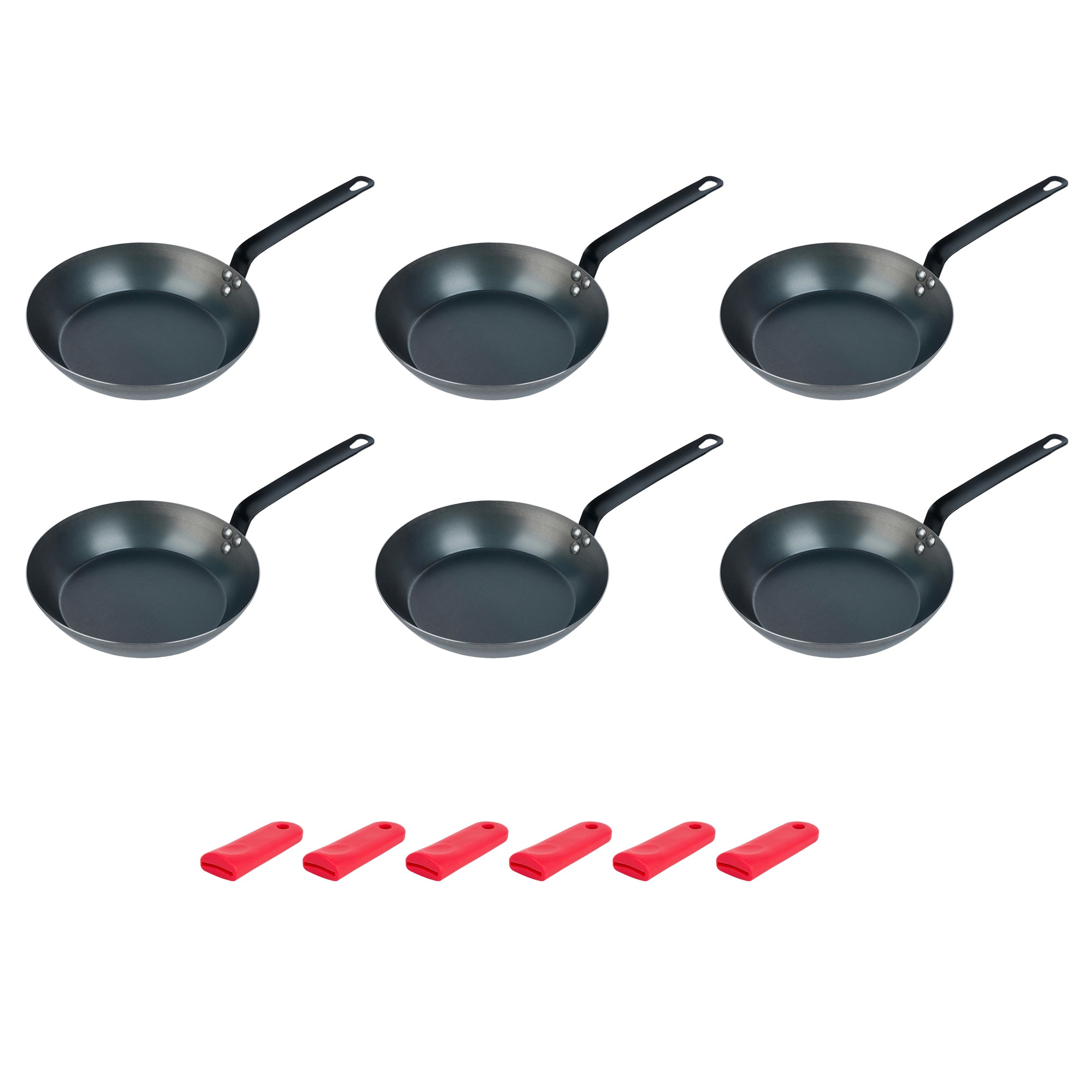 Met Lux 6 Black Carbon Steel 10" Pre-Seasoned Fry Pans and 6 Red Silicone Pan Handle Sleeves