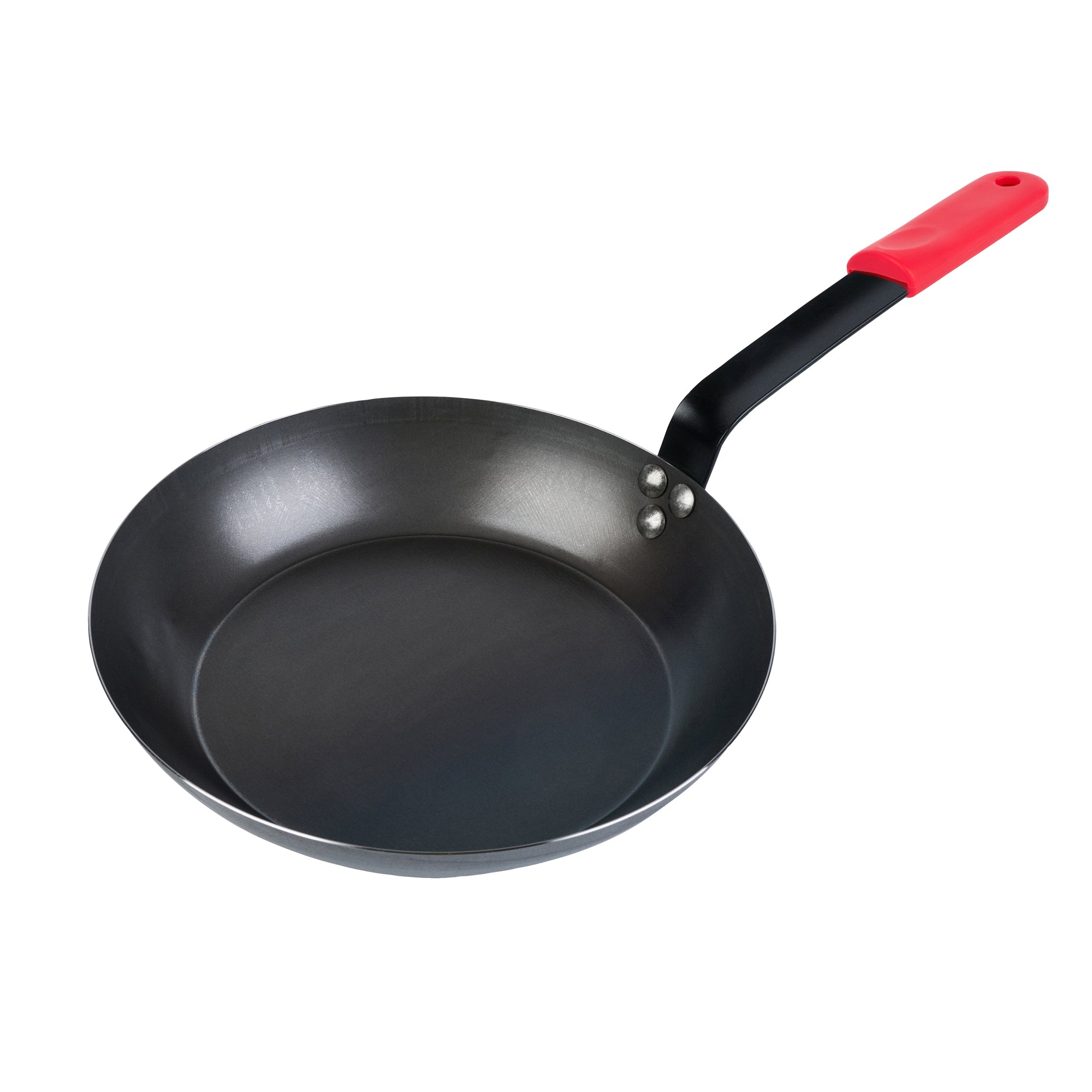 Met Lux 1 Black Carbon Steel 11" Pre-Seasoned Fry Pan and 1 Red Silicone Pan Handle Sleeve