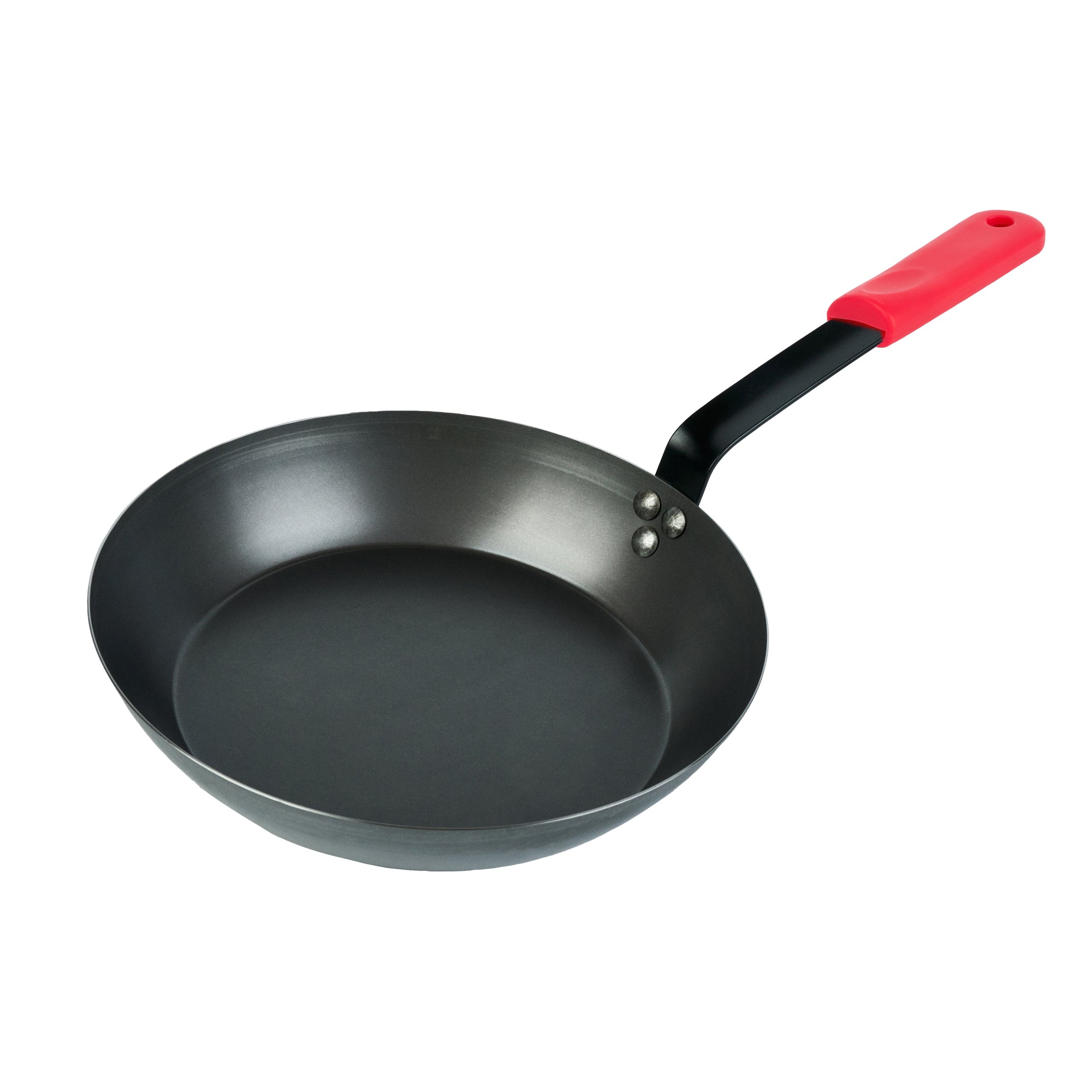 Met Lux 1 Black Carbon Steel 12" Pre-Seasoned Fry Pan and 1 Red Silicone Pan Handle Sleeve