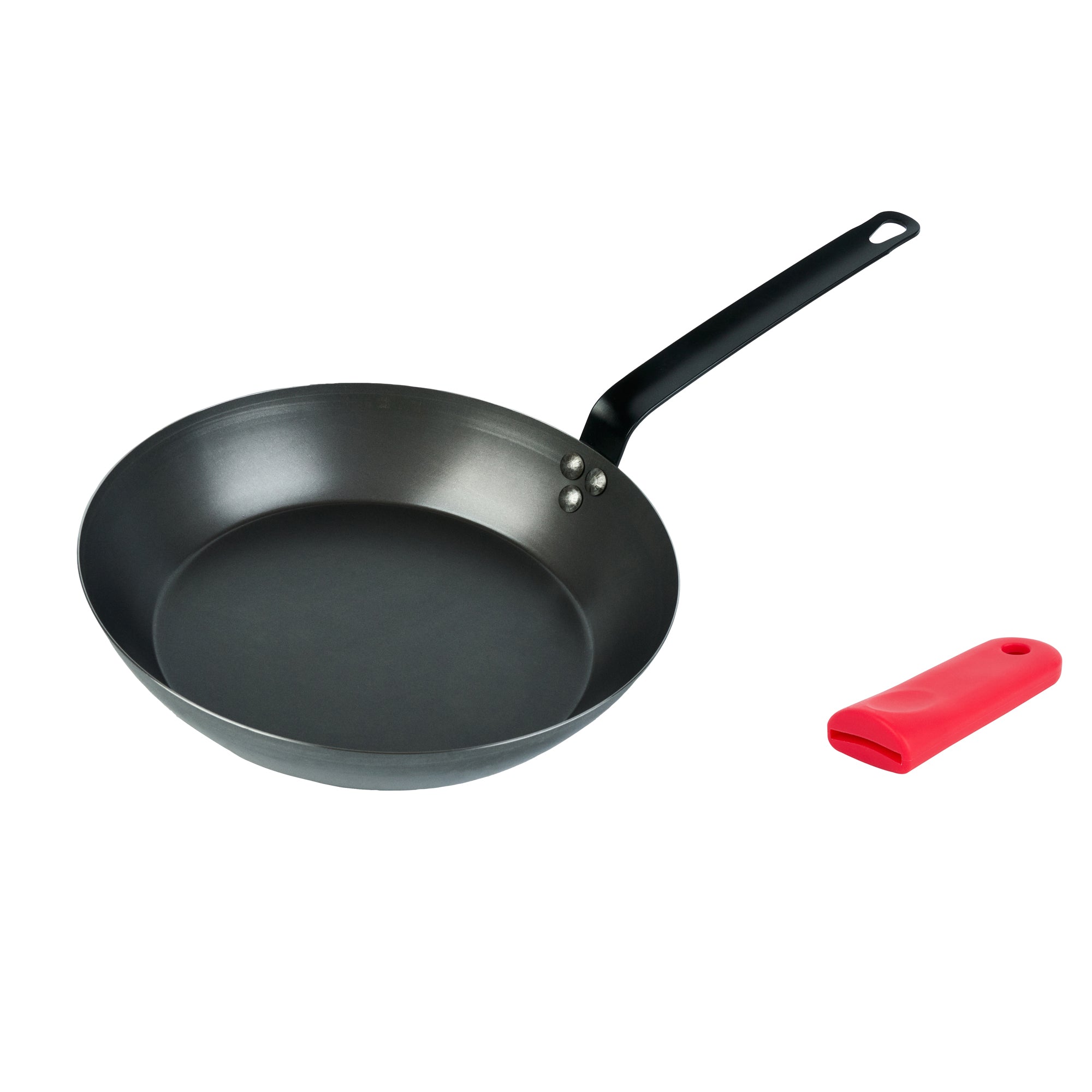 Met Lux 1 Black Carbon Steel 12" Pre-Seasoned Fry Pan and 1 Red Silicone Pan Handle Sleeve