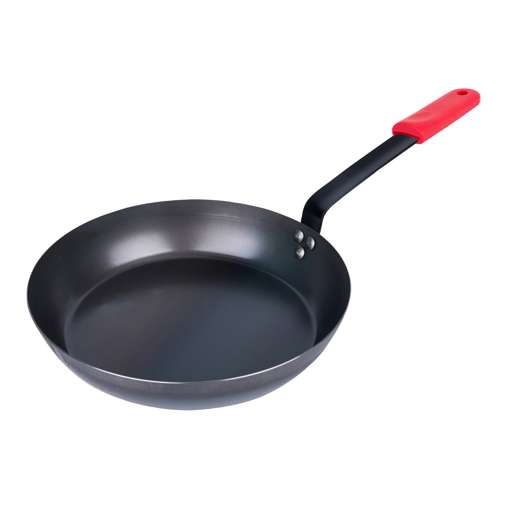 Met Lux 6 Black Carbon Steel 13" Pre-Seasoned Fry Pans and 6 Red Silicone Pan Handle Sleeves