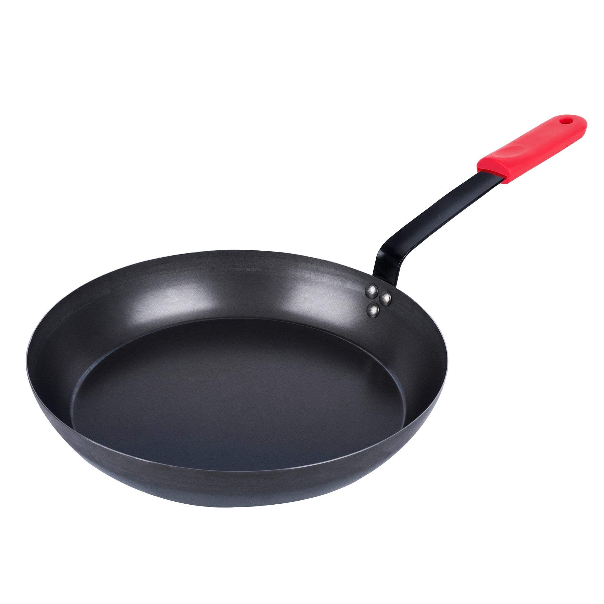 Met Lux 1 Black Carbon Steel 14" Pre-Seasoned Fry Pan and 1 Red Silicone Pan Handle Sleeve