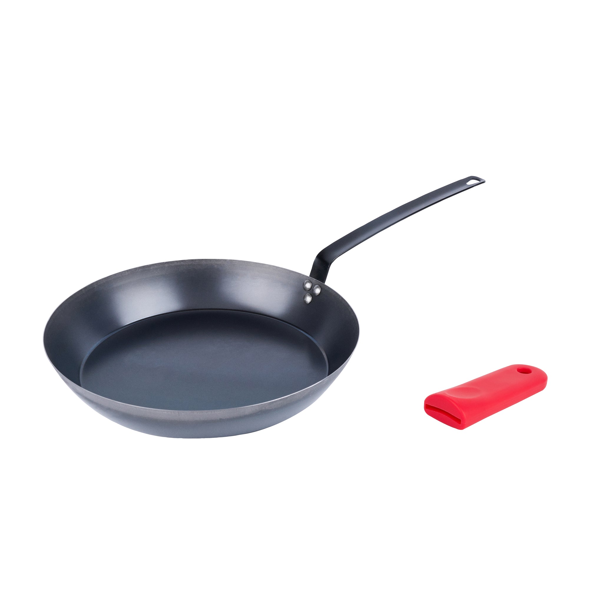 Met Lux 1 Black Carbon Steel 16" Pre-Seasoned Fry Pan and 1 Red Silicone Pan Handle Sleeve