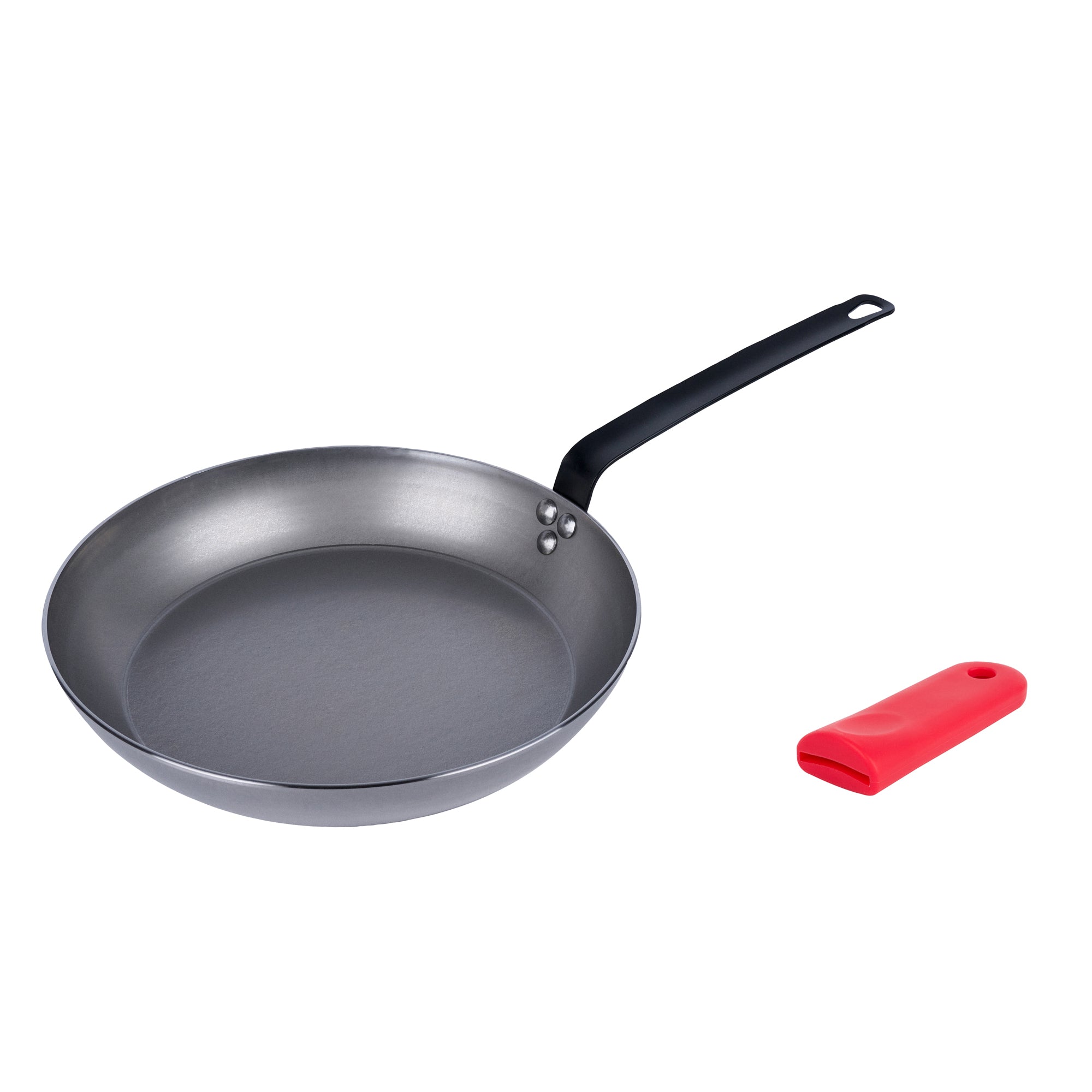 Met Lux 1 Carbon Steel 13" Non-Stick Fry Pan and 1 Red Silicone Pan Handle Sleeve