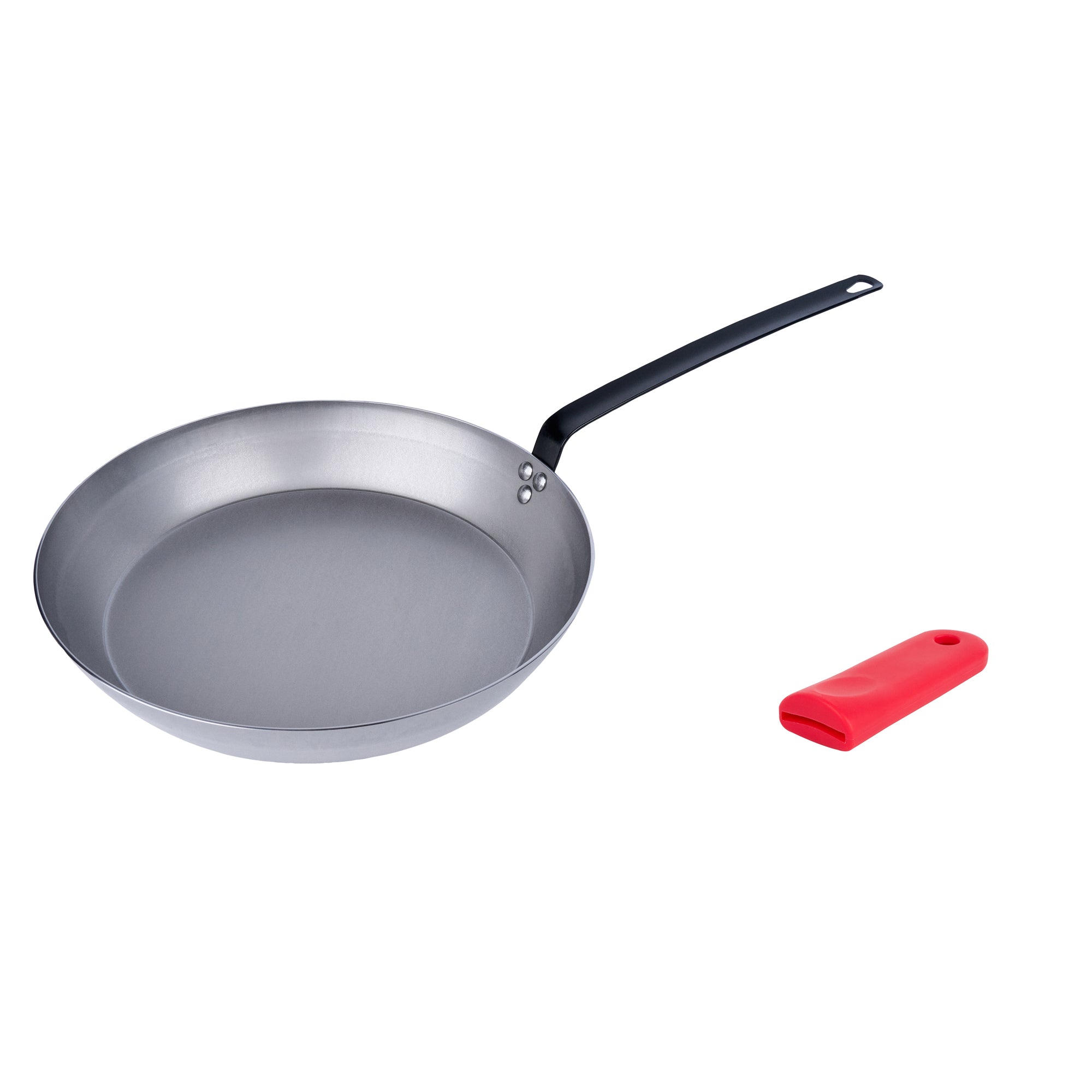 Met Lux 1 Carbon Steel 16" Non-Stick Fry Pan and 1 Red Silicone Pan Handle Sleeve