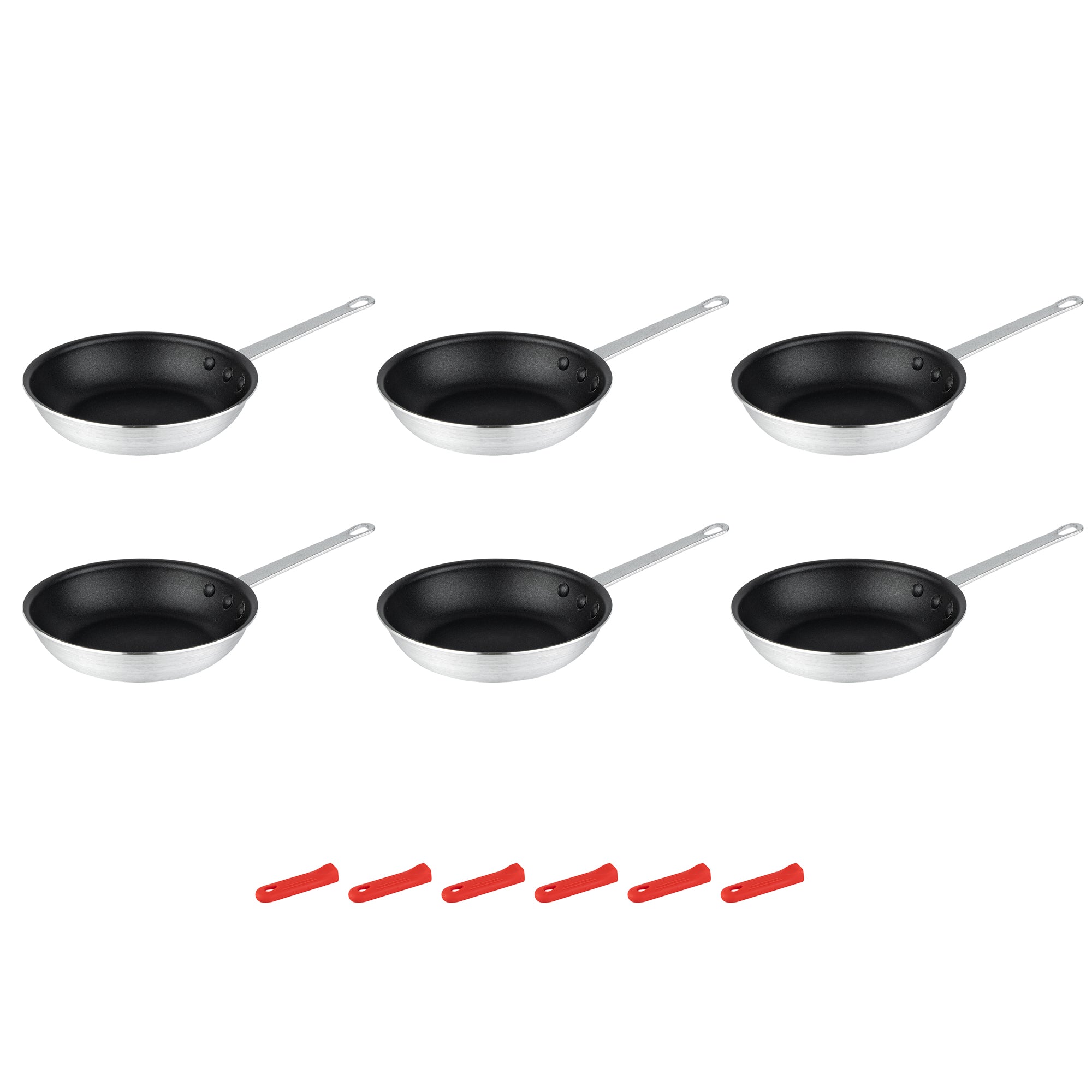 Met Lux 6 Aluminum 9" Non-Stick Fry Pans and 6 Red Silicone Pan Handle Sleeves