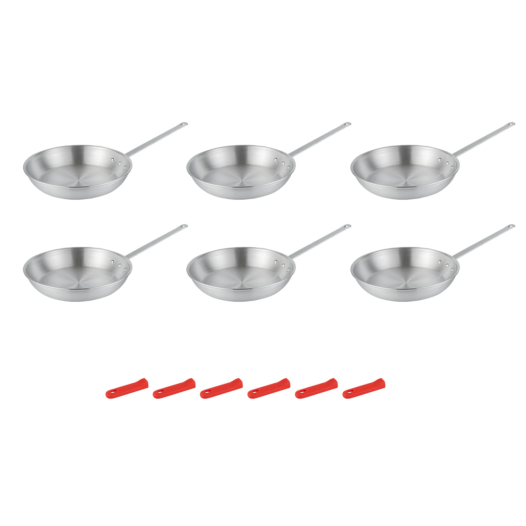 Met Lux 6 Aluminum 14" Fry Pans and 6 Red Silicone Pan Handle Sleeves