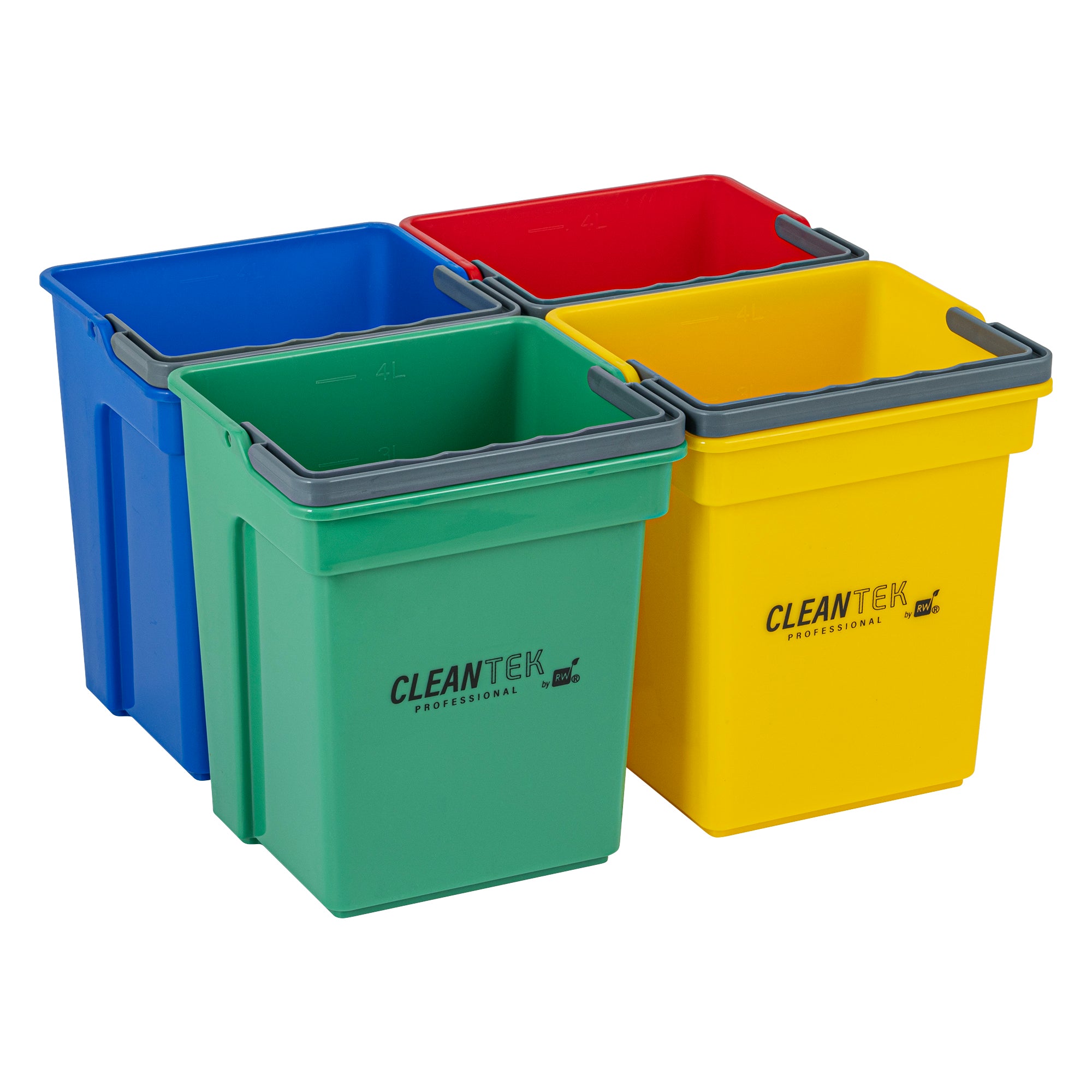 1 RW Clean 4 Qt Green Cleaning Bucket, 1 Blue Cleaning Bucket, 1 Red Cleaning Bucket and 1 Yellow Cleaning Bucket