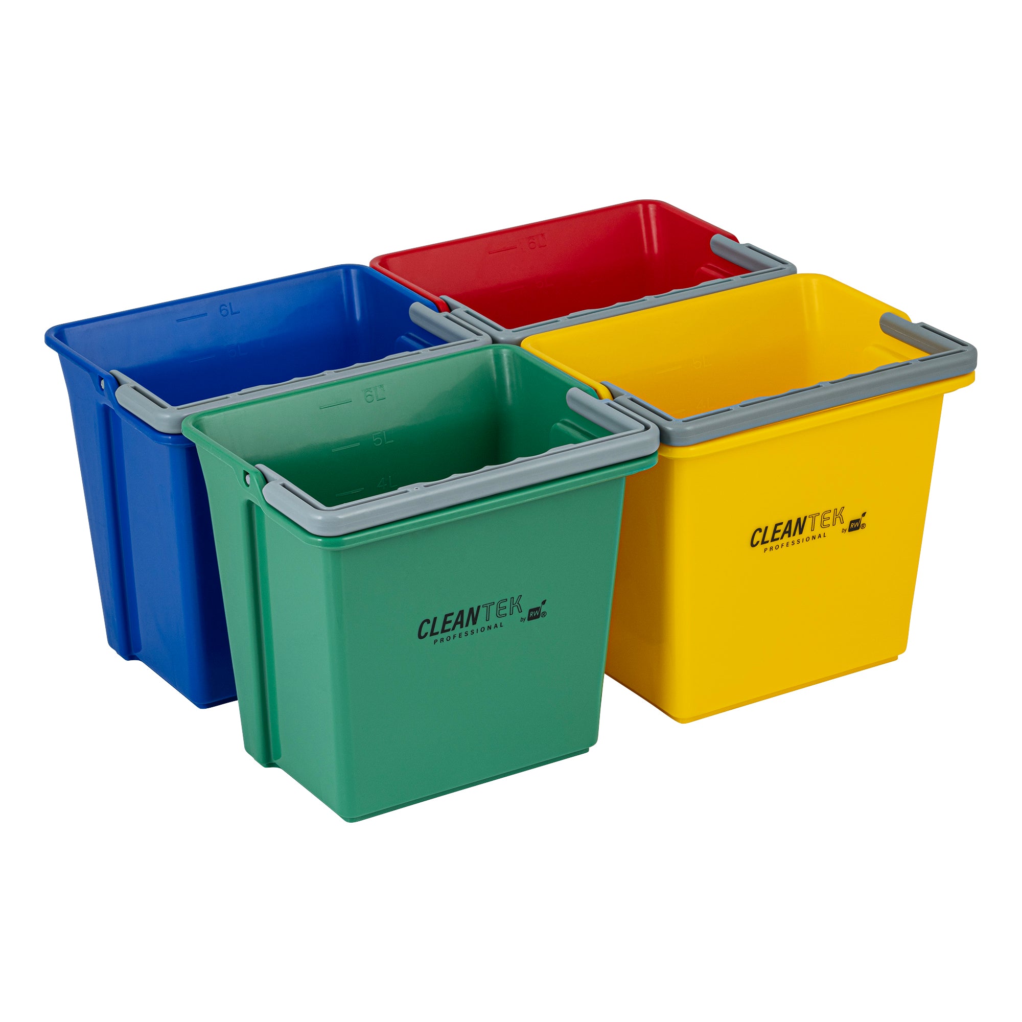 1 RW Clean 6 Qt Green Cleaning Bucket, 1 Blue Cleaning Bucket, 1 Red Cleaning Bucket and 1 Yellow Cleaning Bucket