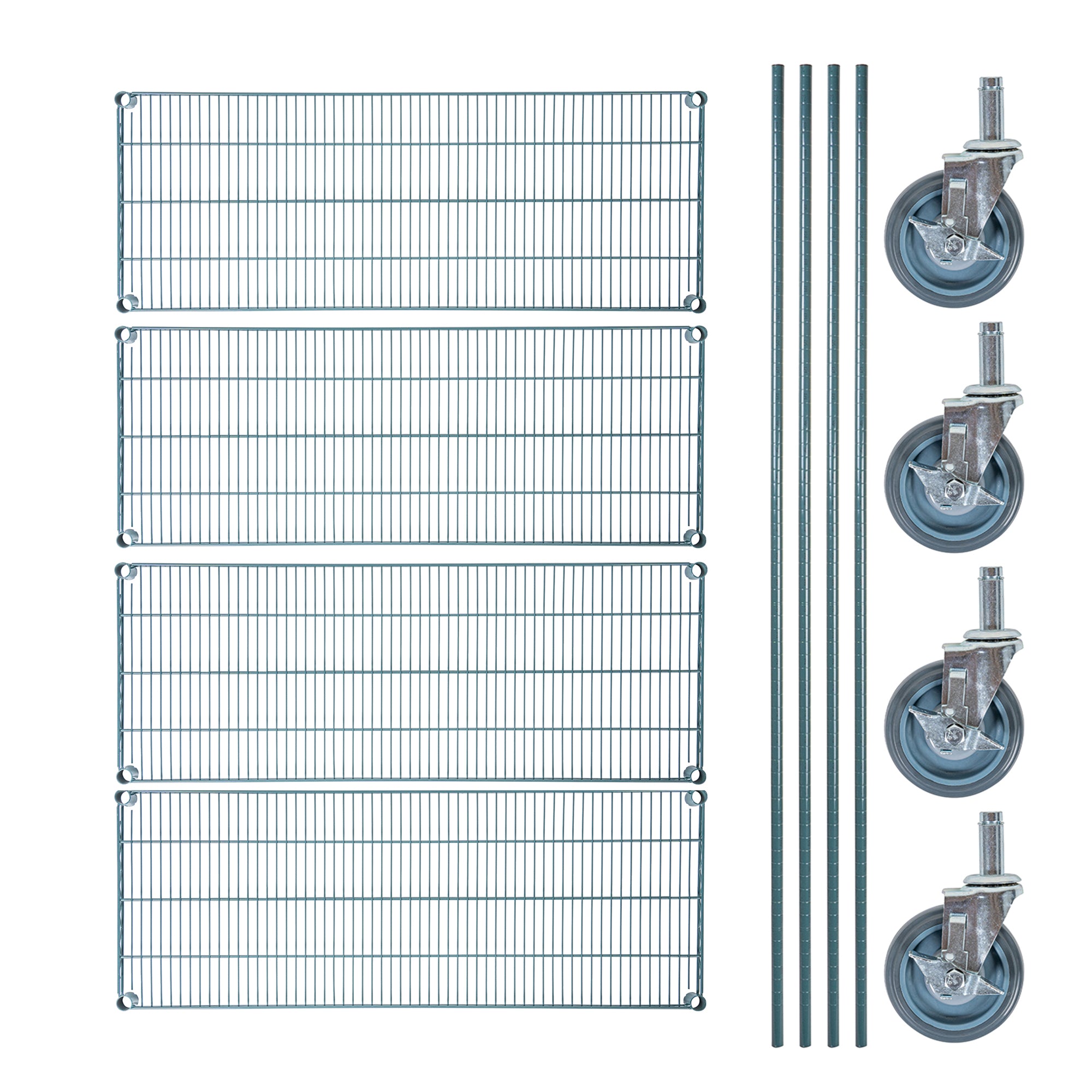 RW Base 4-Tier NSF Green Epoxy Shelving Unit - and 18" x 48" Shelves, 74" Posts and Casters