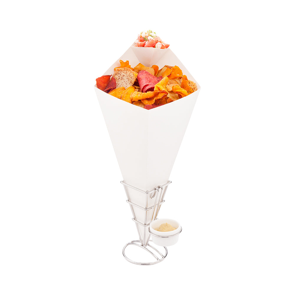 Cone Tek White Paper Food Cone - with Dipping Pocket - 15" x 9" - 100 count box