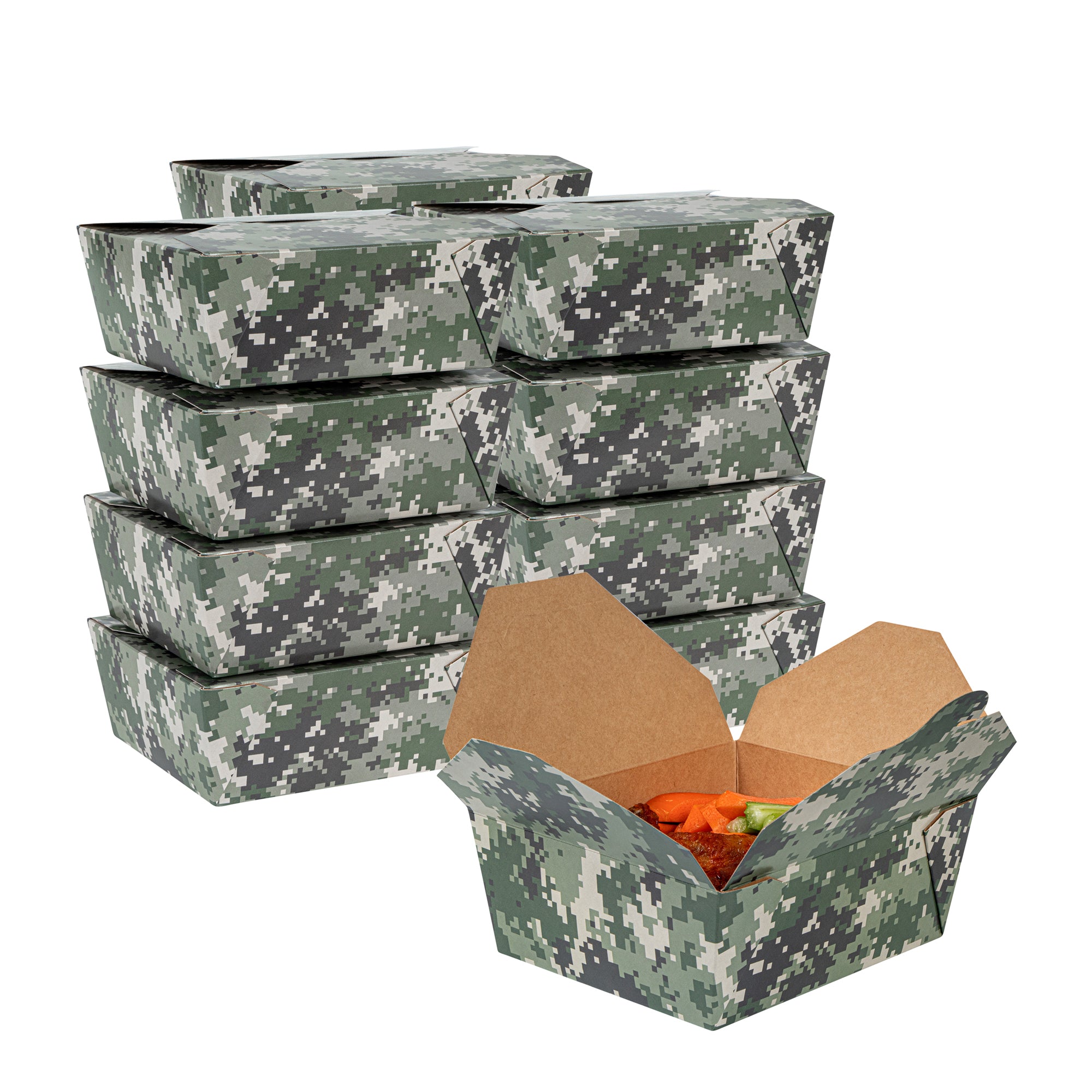 Bio Tek 45 oz Rectangle Camouflage Paper #8 Bio Box Take Out Container - 6 3/4" x 5 1/2" x 2 1/2" - 200 count box