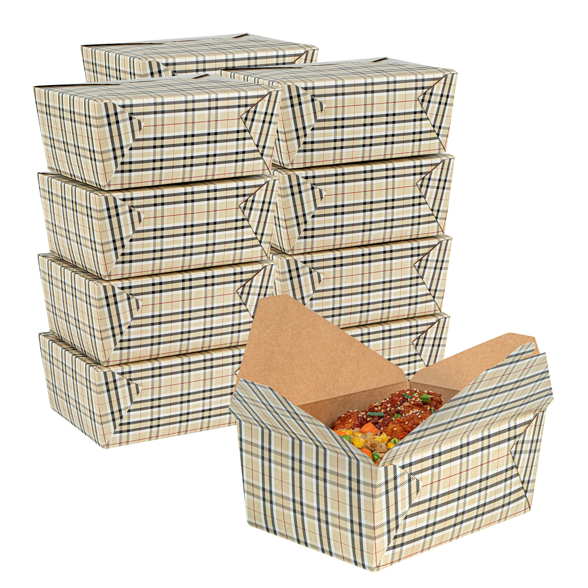 Bio Tek 98 oz Plaid Paper #4 Bio Box Take Out Container - 8 1/2" x 6 1/4" x 3 1/2" - 200 count box