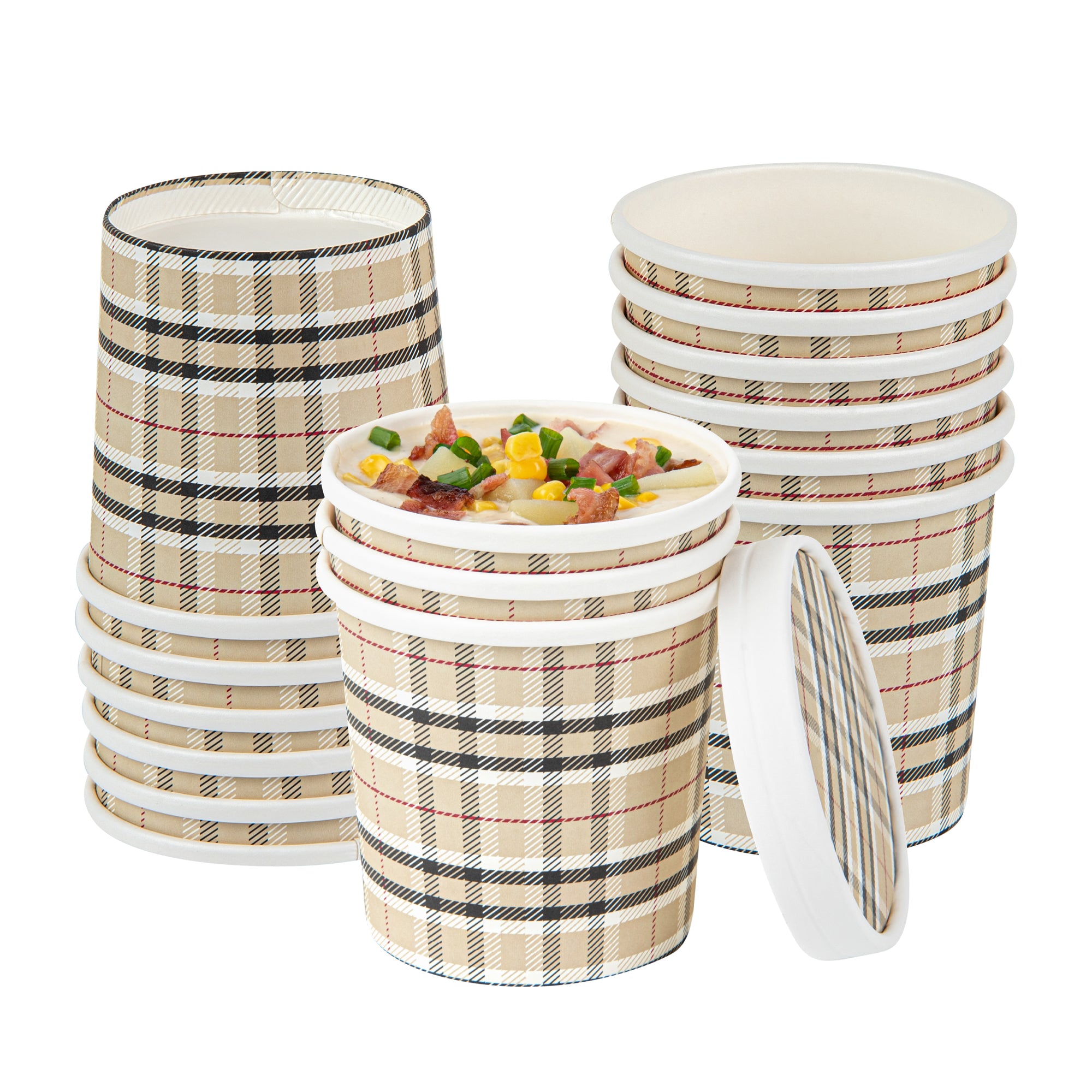 Bio Tek 12 oz Round Plaid Paper Soup Container - 3 1/2" x 3 1/2" x 3 1/2" - 200 count box