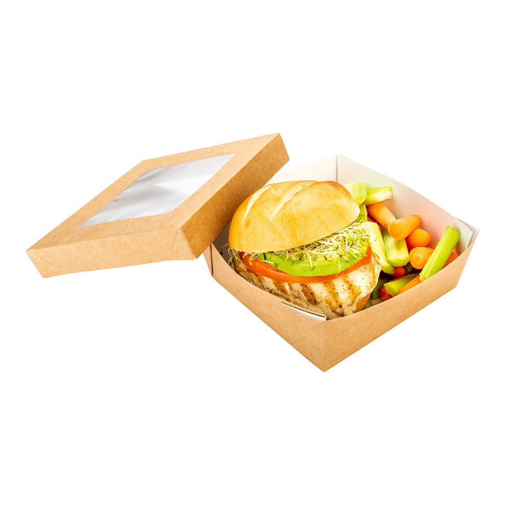 Cafe Vision 27 oz Square Kraft Paper Medium Take Out Container - 5 1/4" x 5 1/4" x 2" - 200 count box