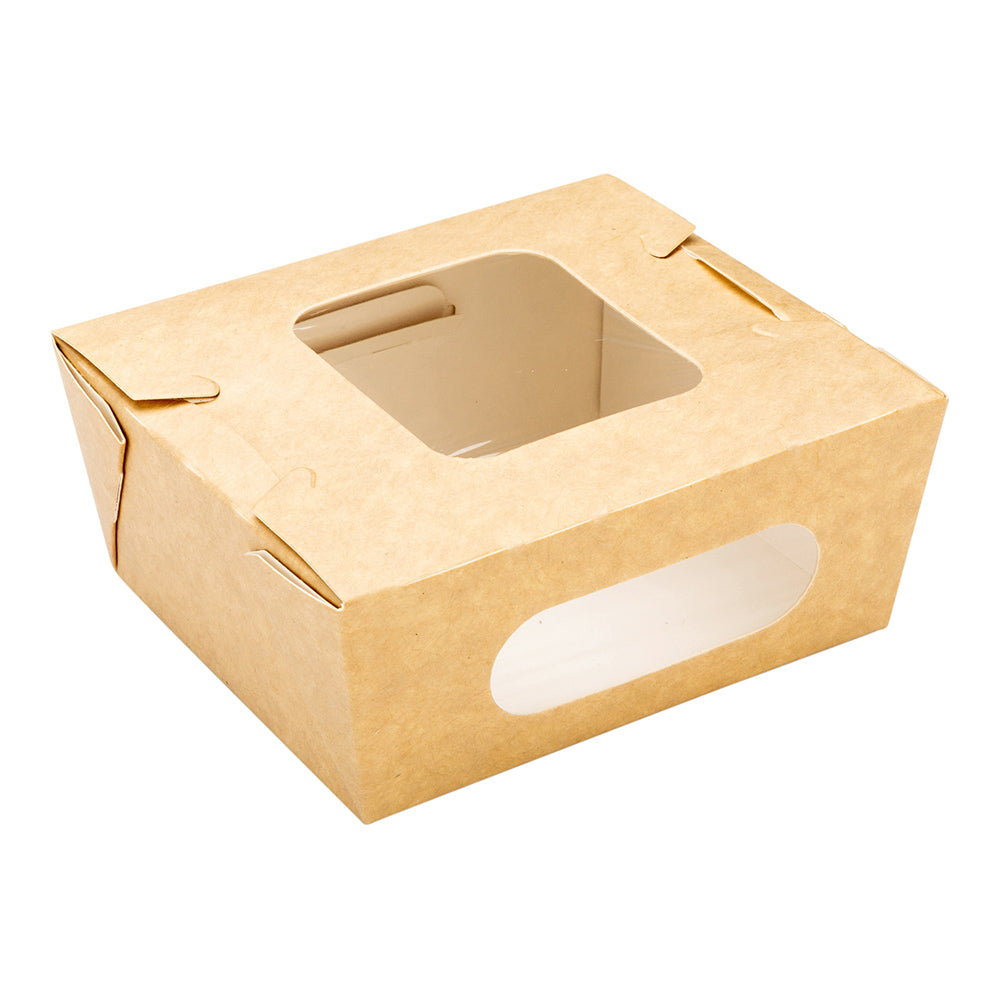 Cafe Vision 12 oz Rectangle Kraft Paper Mini Bio Lunch Box - Two Windows - 4 1/4" x 3 3/4" x 1 3/4" - 200 count box