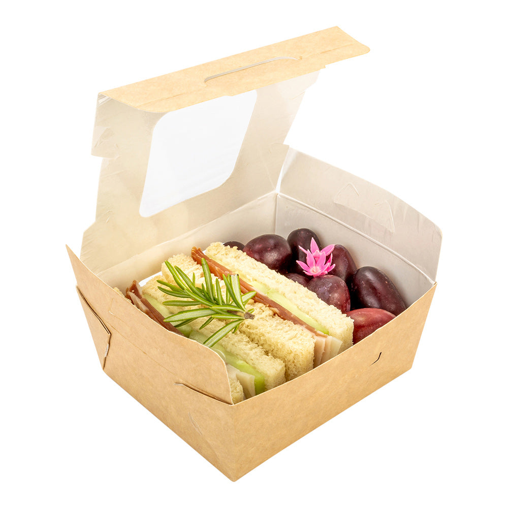 Cafe Vision 12 oz Rectangle Kraft Paper Mini Bio Lunch Box - Two Windows - 4 1/4" x 3 3/4" x 1 3/4" - 200 count box