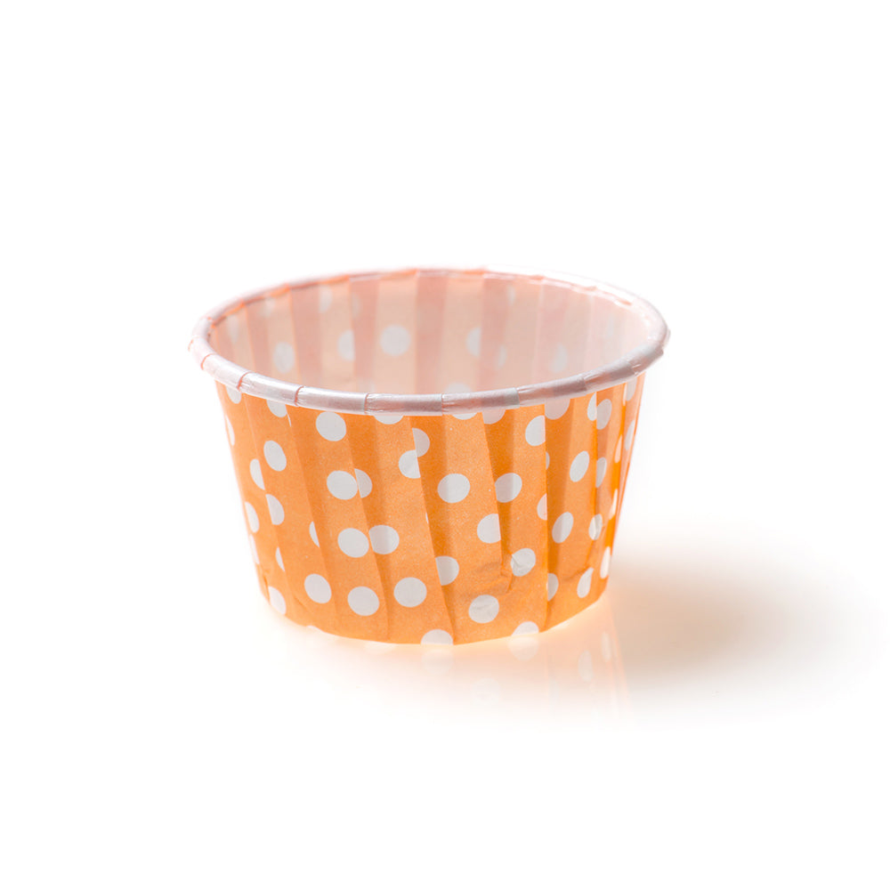 Panificio 1 oz Round Polka-Dotted Hot Orange Paper Small Baking Cup - Pleated - 2" x 2" x 1 1/4" - 200 count box