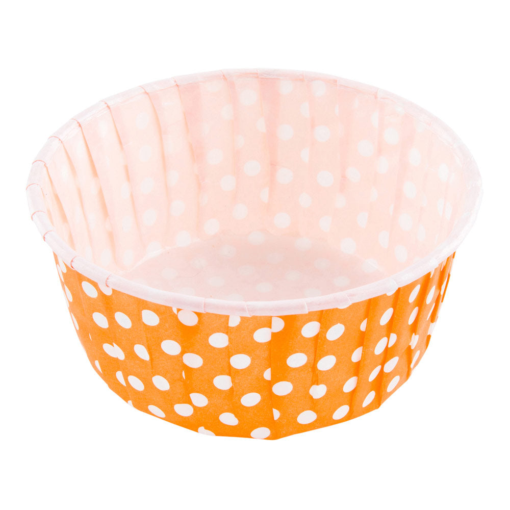 Panificio 5 oz Round Polka-Dotted Hot Orange Paper Large Baking Cup - Pleated - 3 3/4" x 3 3/4" x 1 1/2" - 200 count box