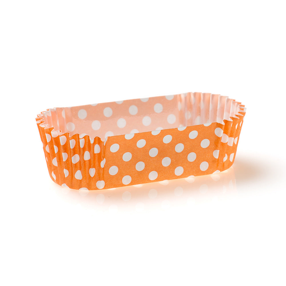 Panificio 1 oz Elliptical Polka-Dotted Hot Orange Paper Regular Baking Cup - Ridged - 3 1/2" x 1 1/2" x 3/4" - 200 count box