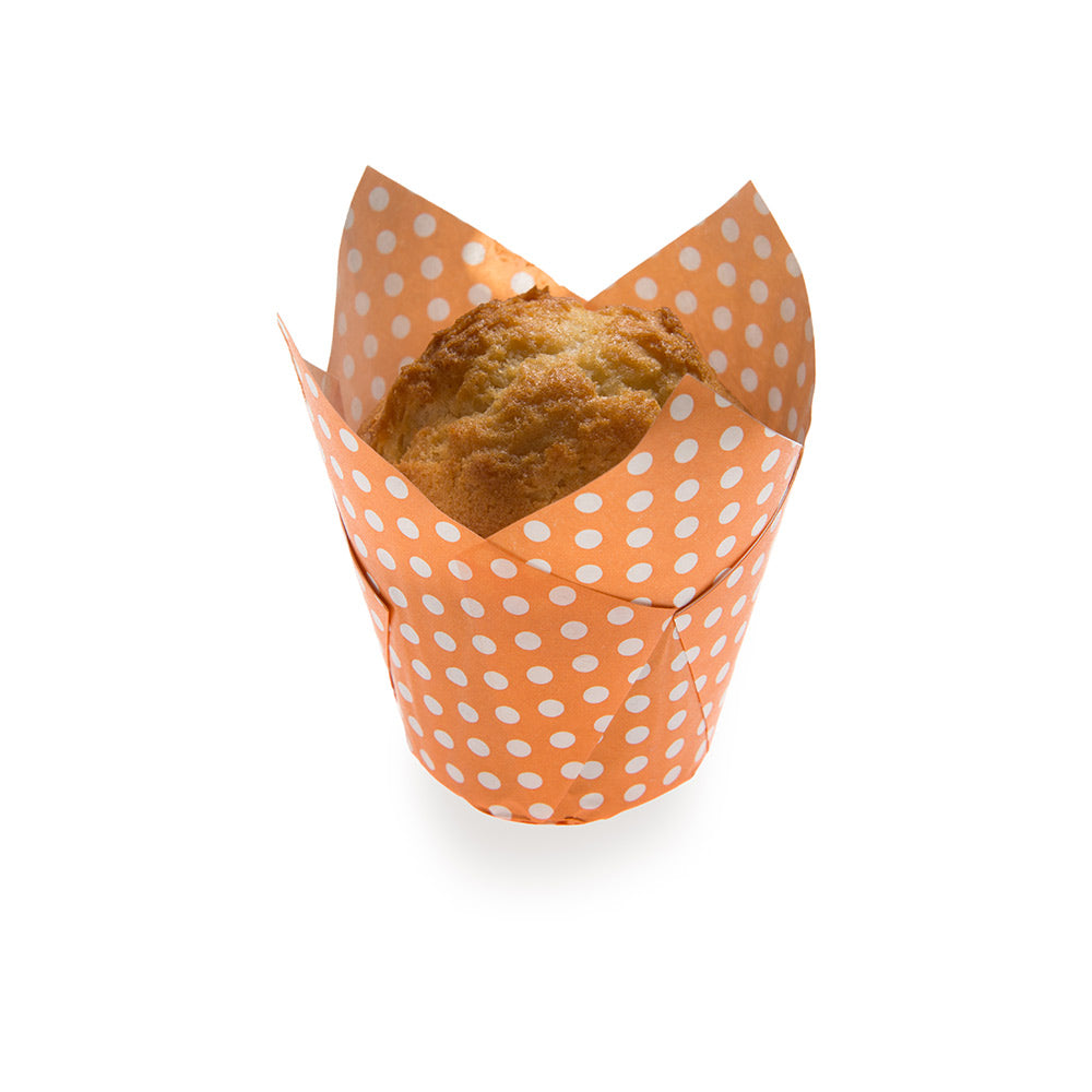 Panificio 2 oz Petal Polka-Dotted Hot Orange Paper Tall Baking Cup - 3 1/4" x 3 1/4" x 3 1/2" - 200 count box