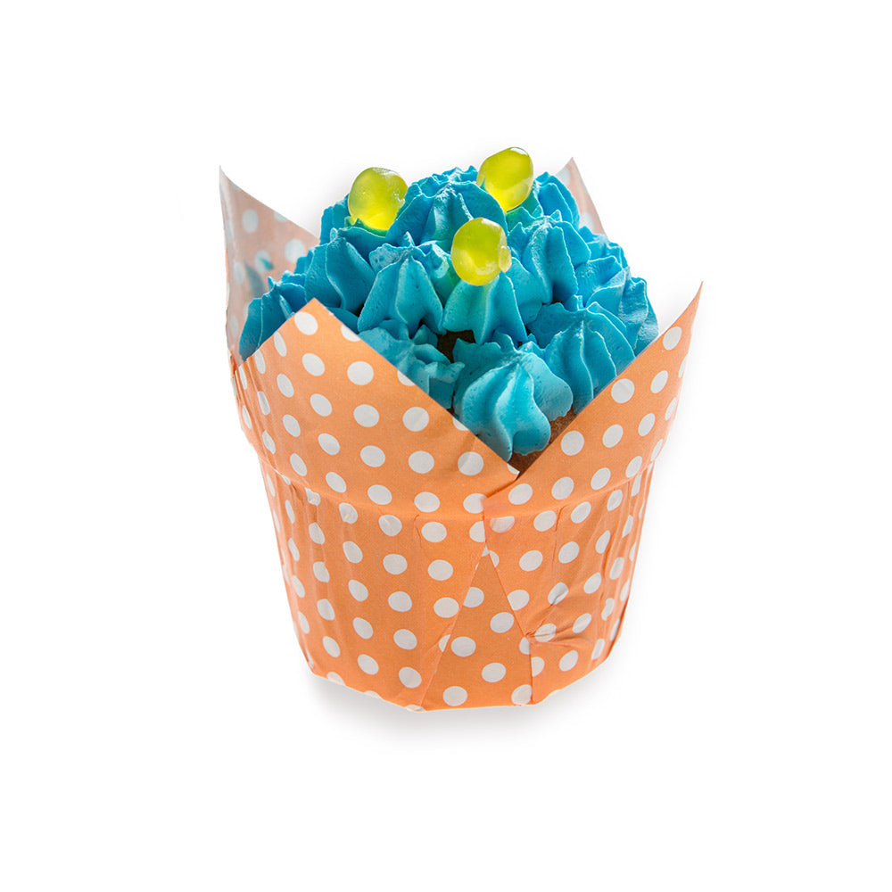 Panificio 1 oz Petal Polka-Dotted Hot Orange Paper Regular Baking Cup - 3" x 3" x 3" - 200 count box